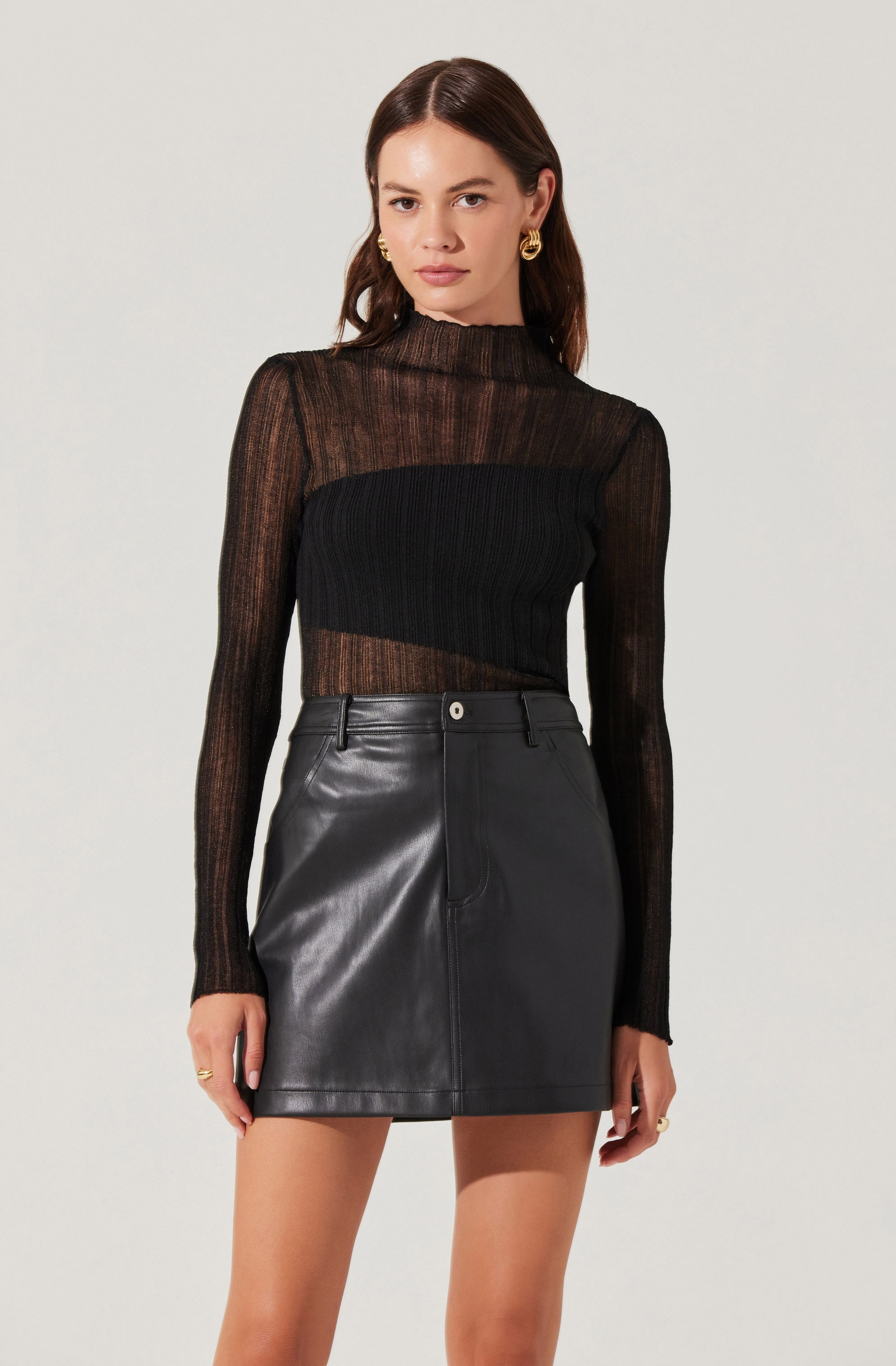 Mock Neck Mesh Contrast Top-Aljck