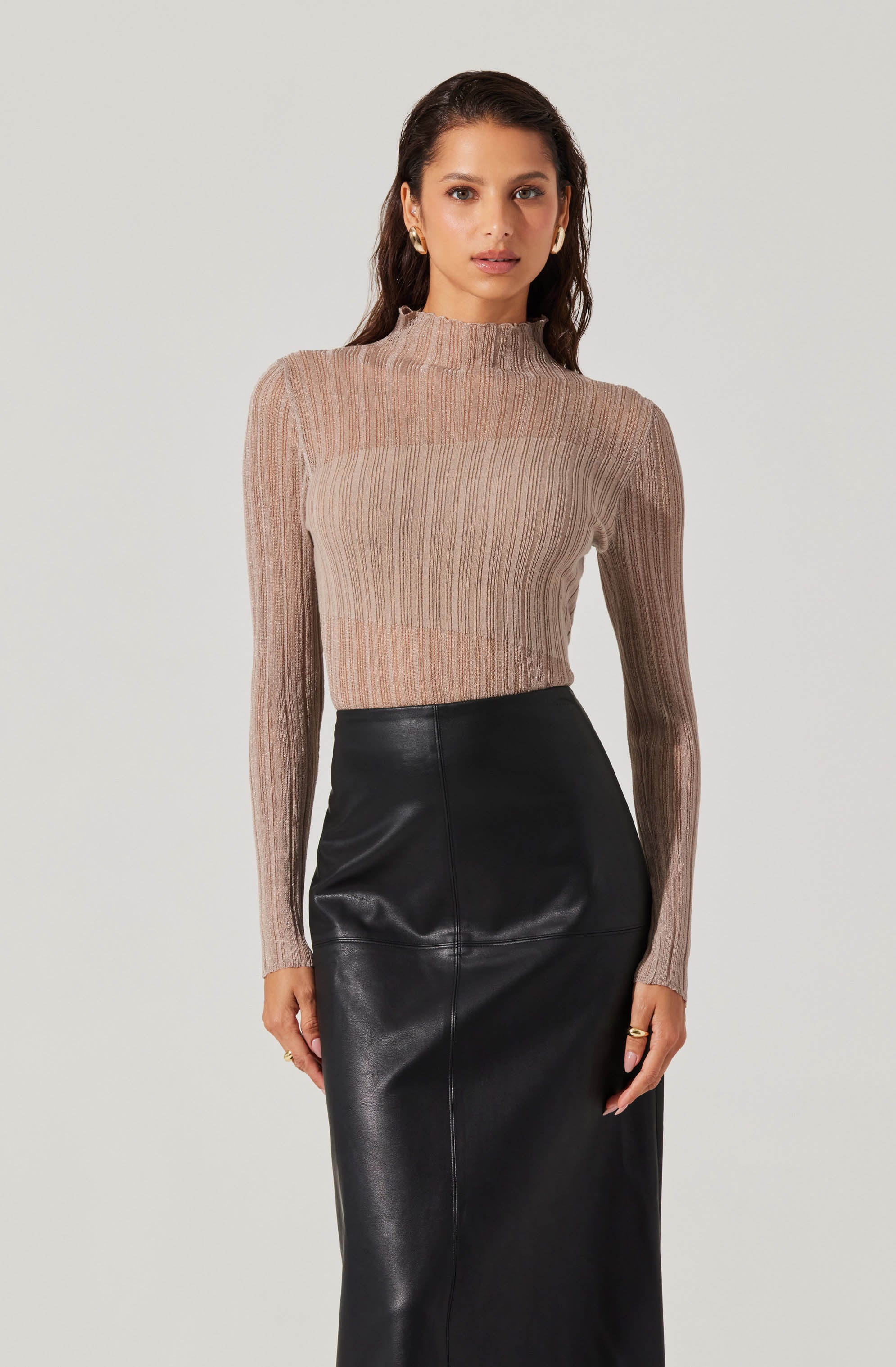 Mock Neck Mesh Contrast Top-Aljck