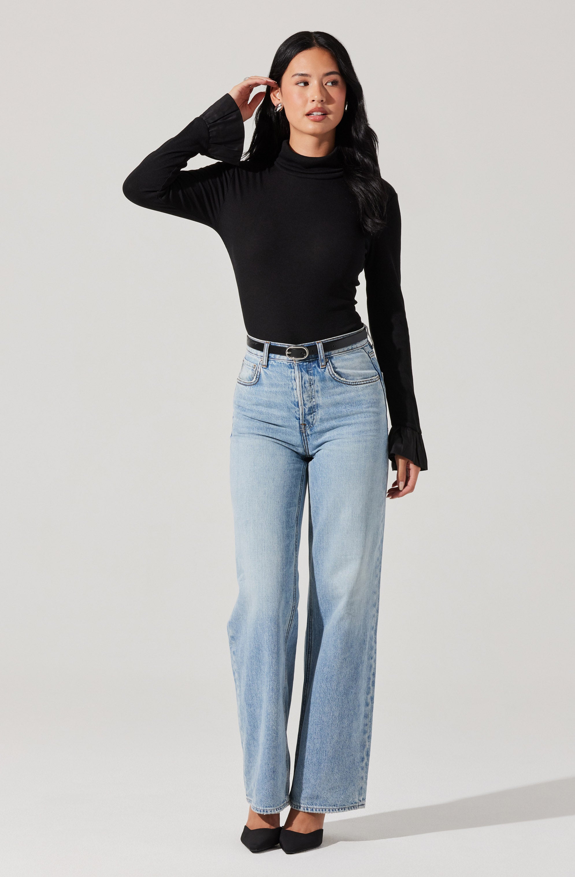 Flare Sleeve Ribbed Turtleneck-Aljck