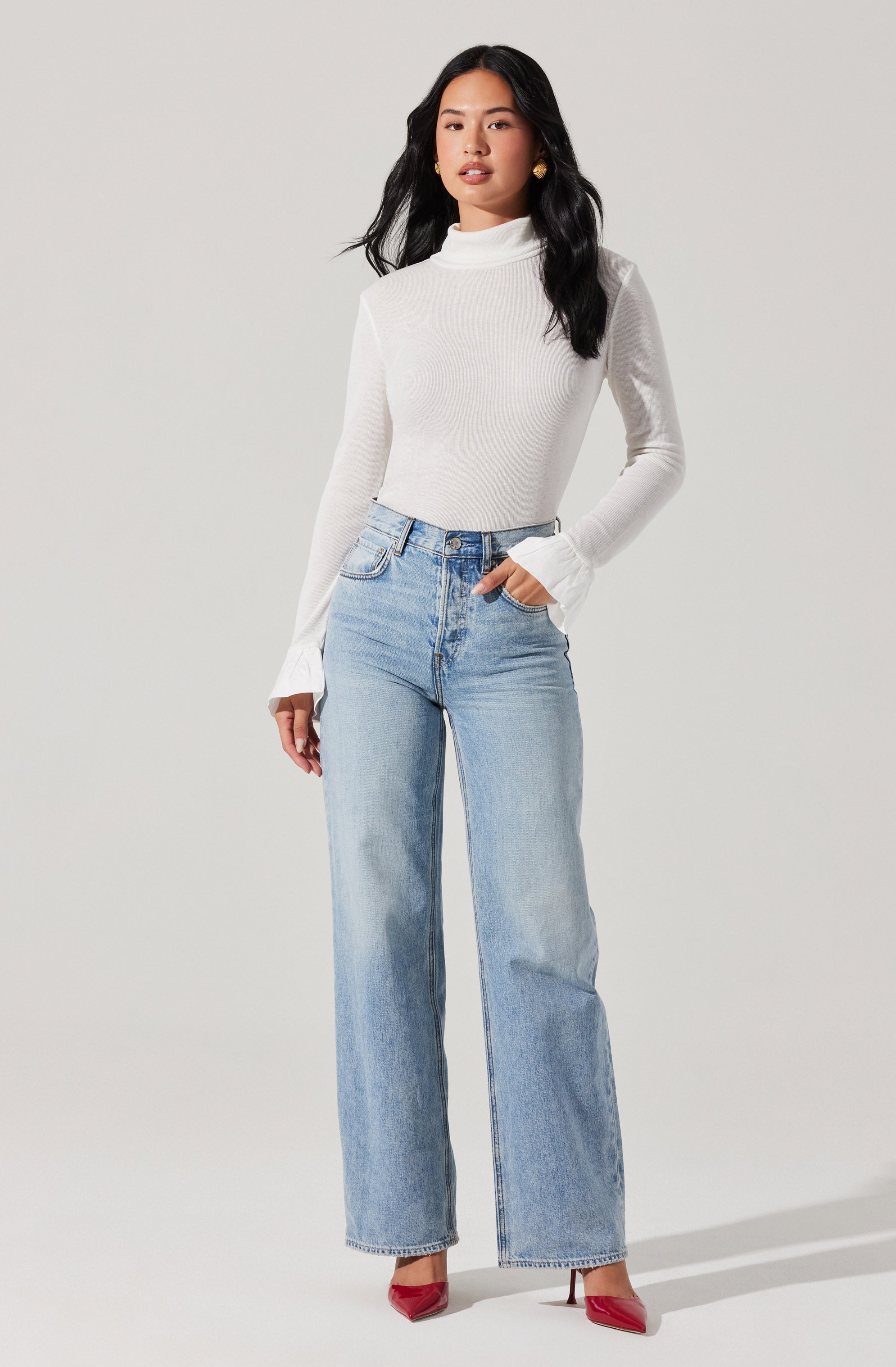 Flare Sleeve Ribbed Turtleneck-Aljck