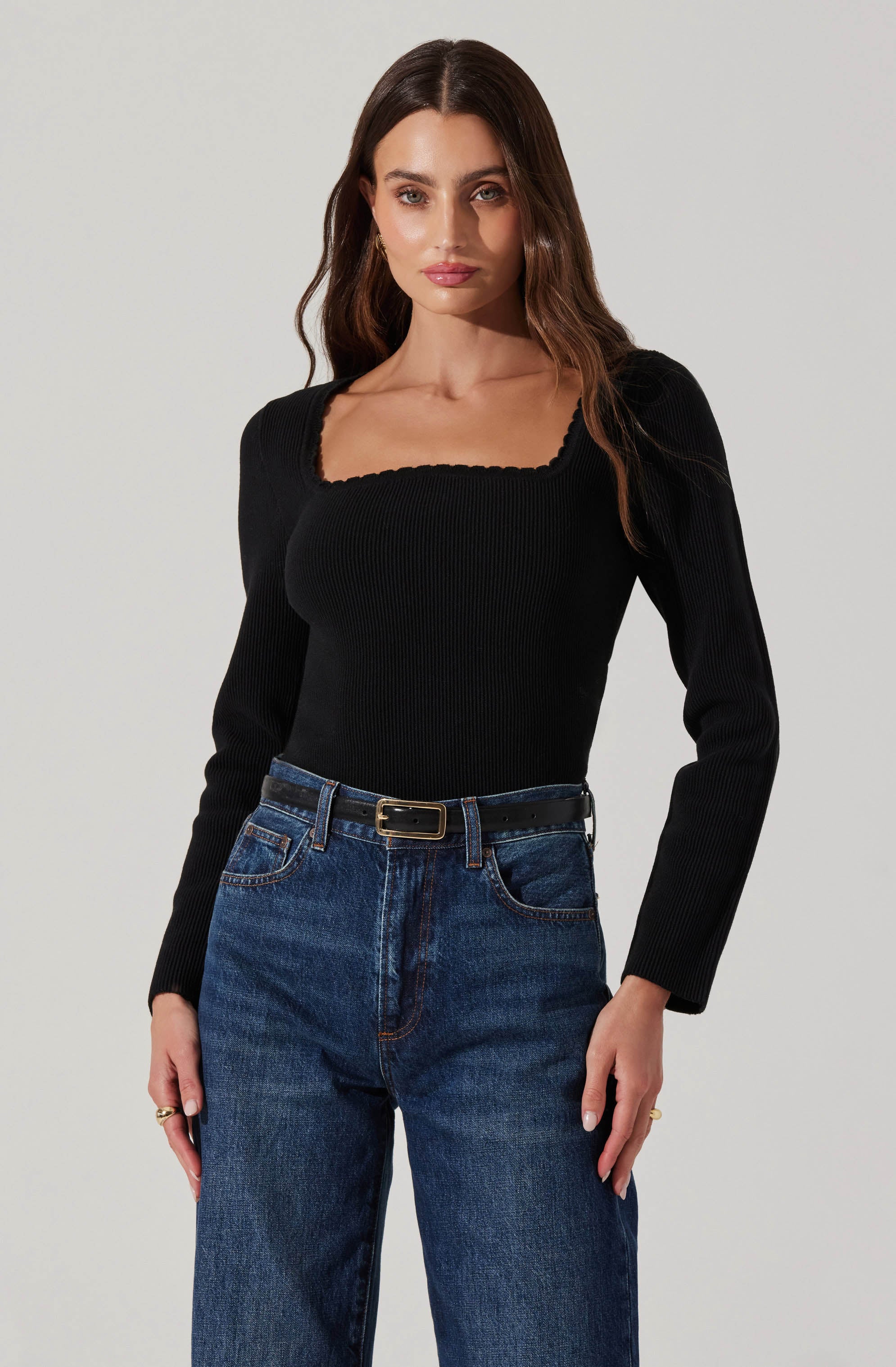 Scallop trim square neck top-Aljck