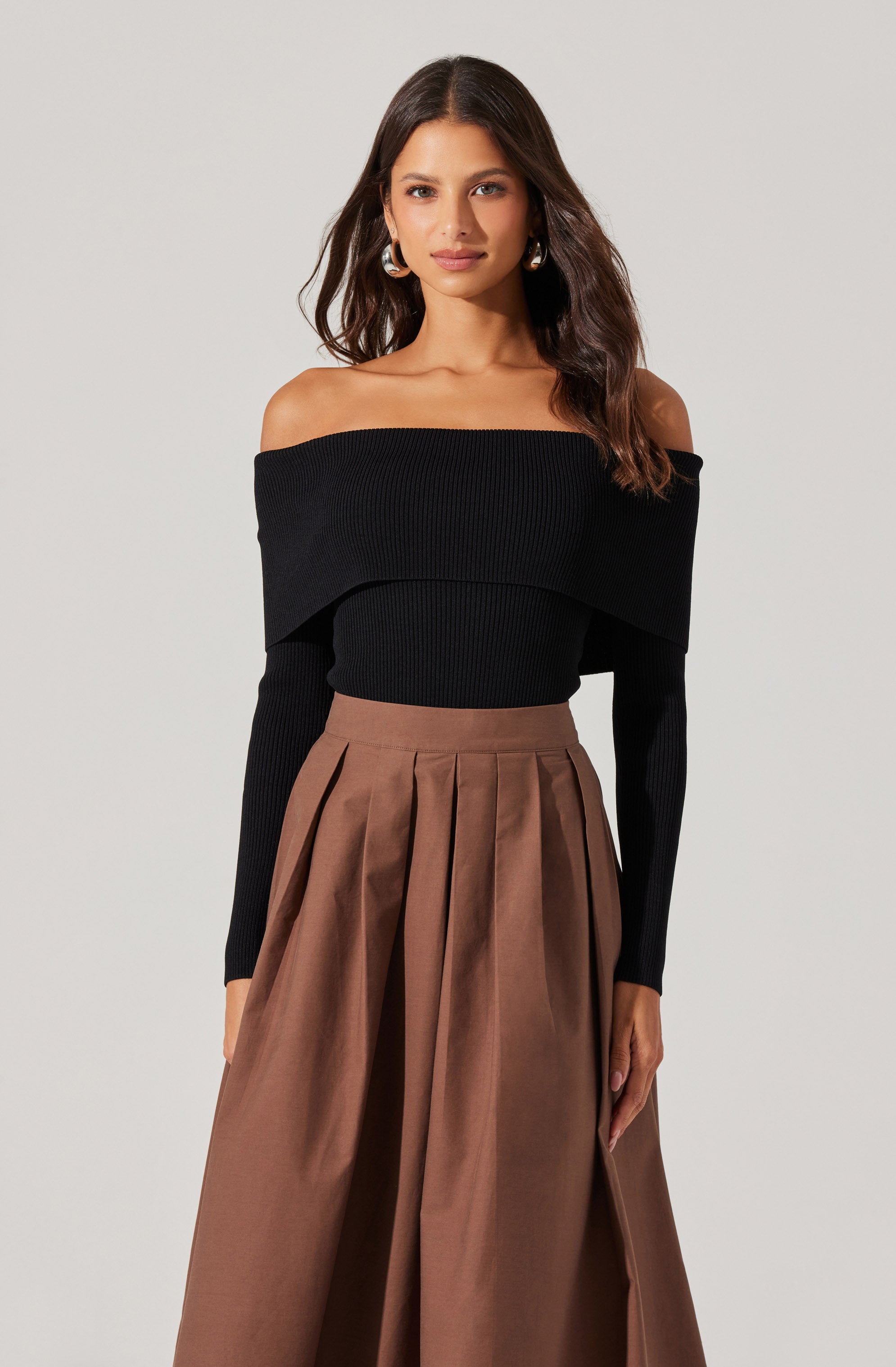 Foldover Ribbed Off Shoulder Sweater-Aljck