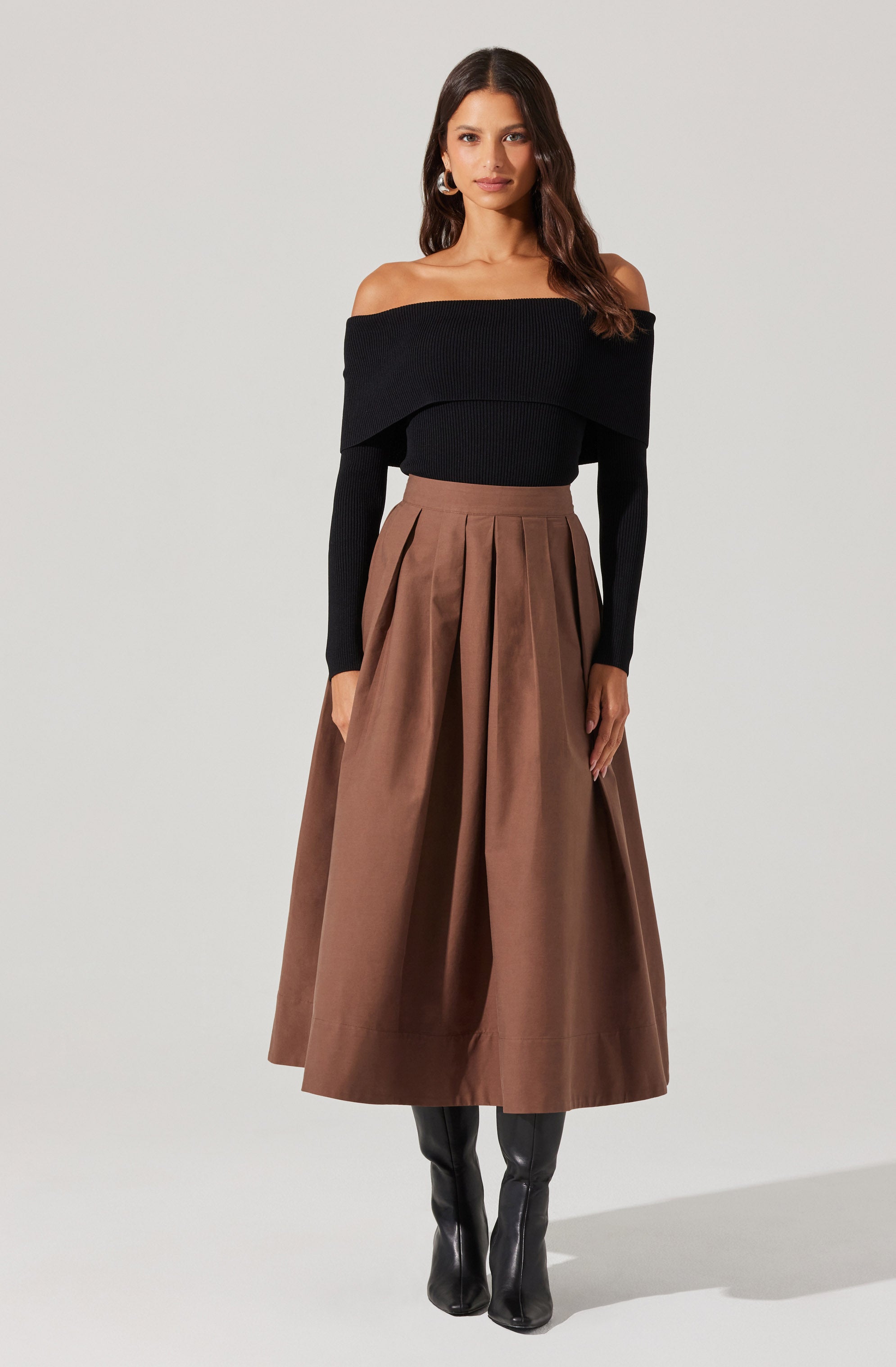 Foldover Ribbed Off Shoulder Sweater-Aljck