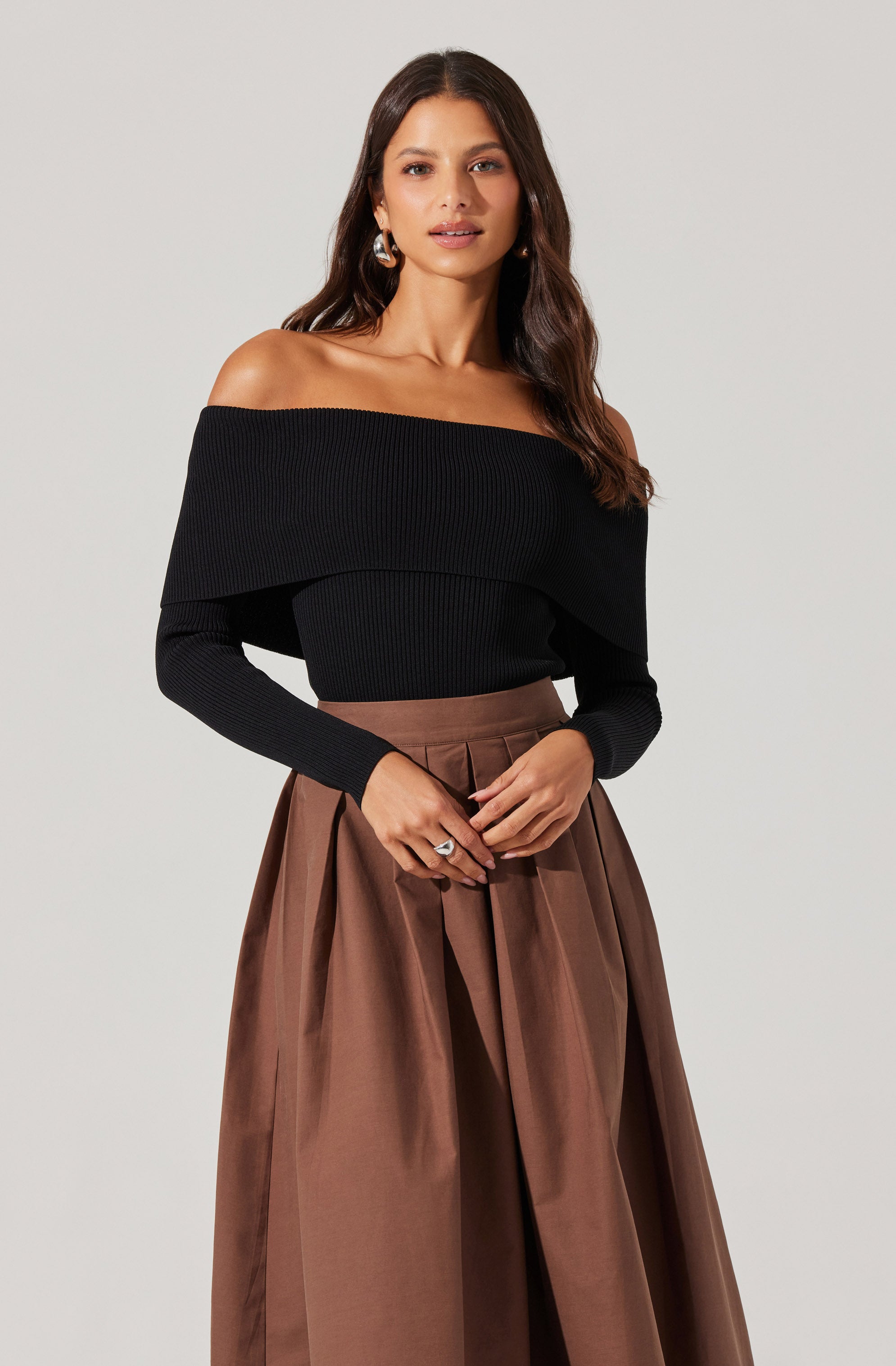 Foldover Ribbed Off Shoulder Sweater-Aljck