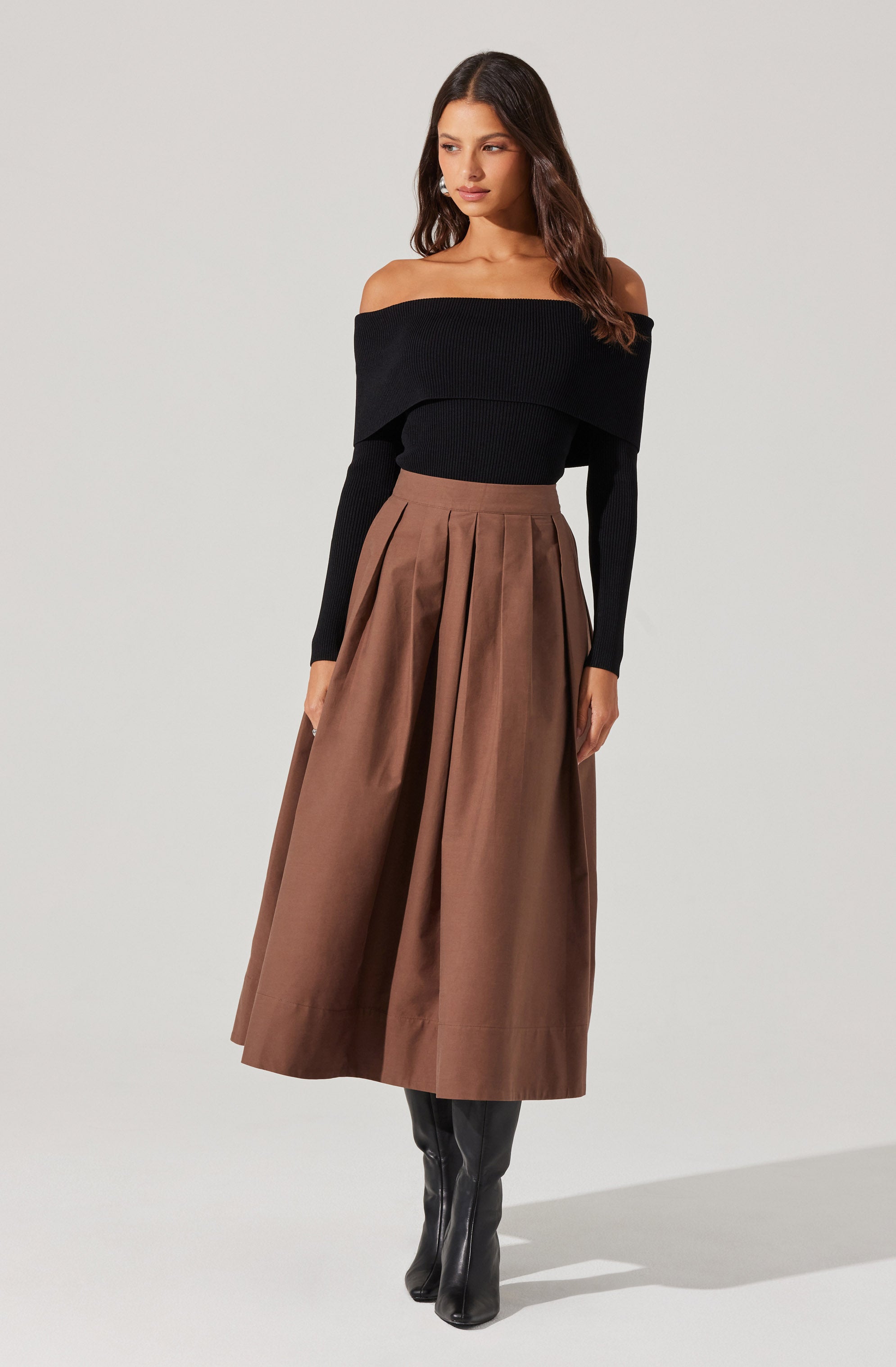 Foldover Ribbed Off Shoulder Sweater-Aljck