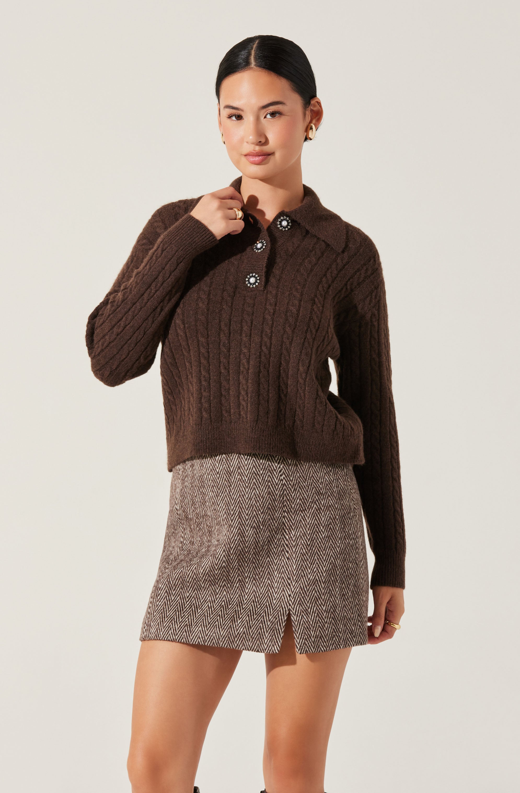 Cable Knit Polo Sweater-Aljck