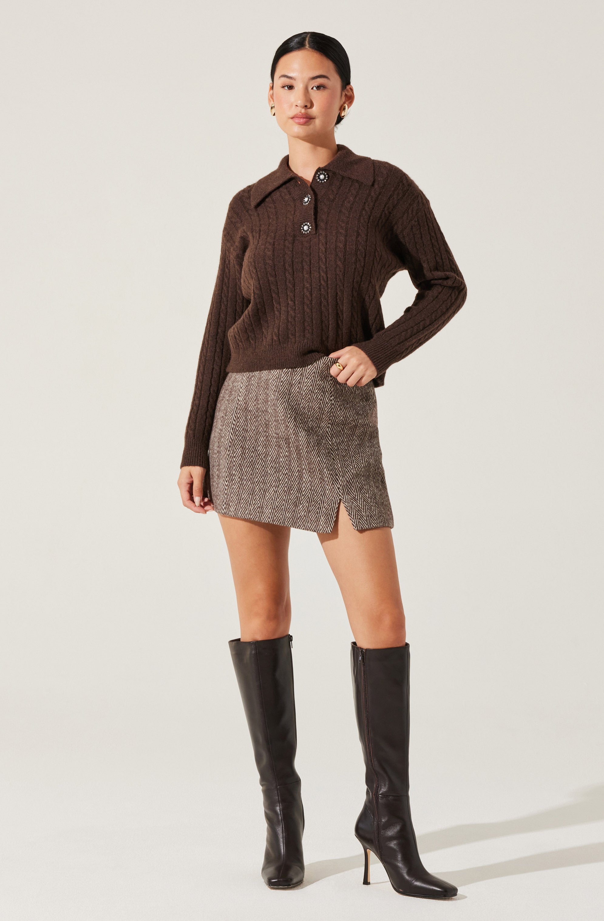 Cable Knit Polo Sweater-Aljck