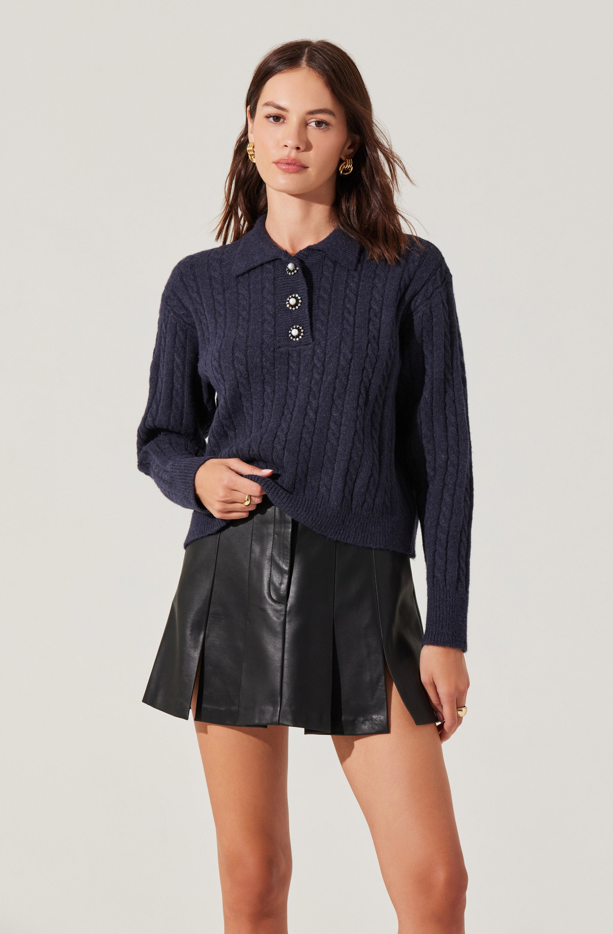 Cable Knit Polo Sweater-Aljck