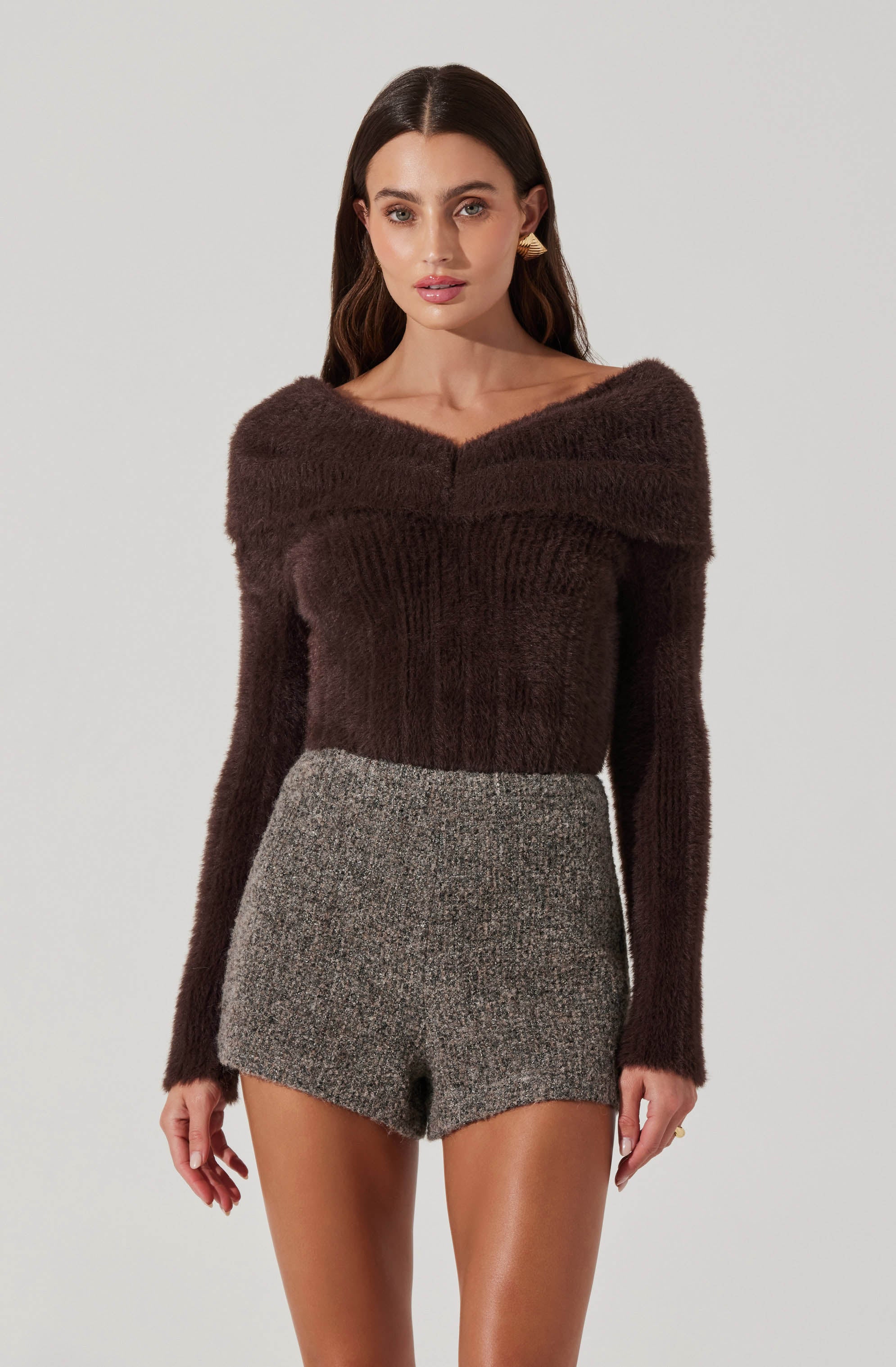 Fuzzy Knit Off Shoulder Sweater-Aljck