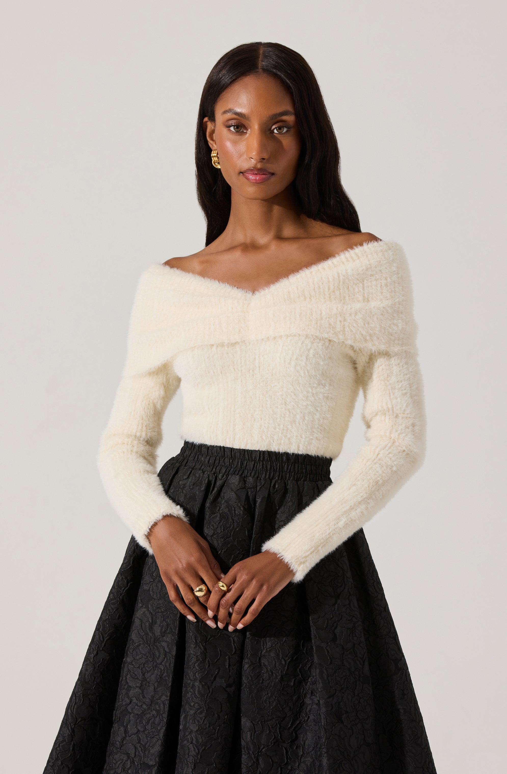 Fuzzy Knit Off Shoulder Sweater-Aljck