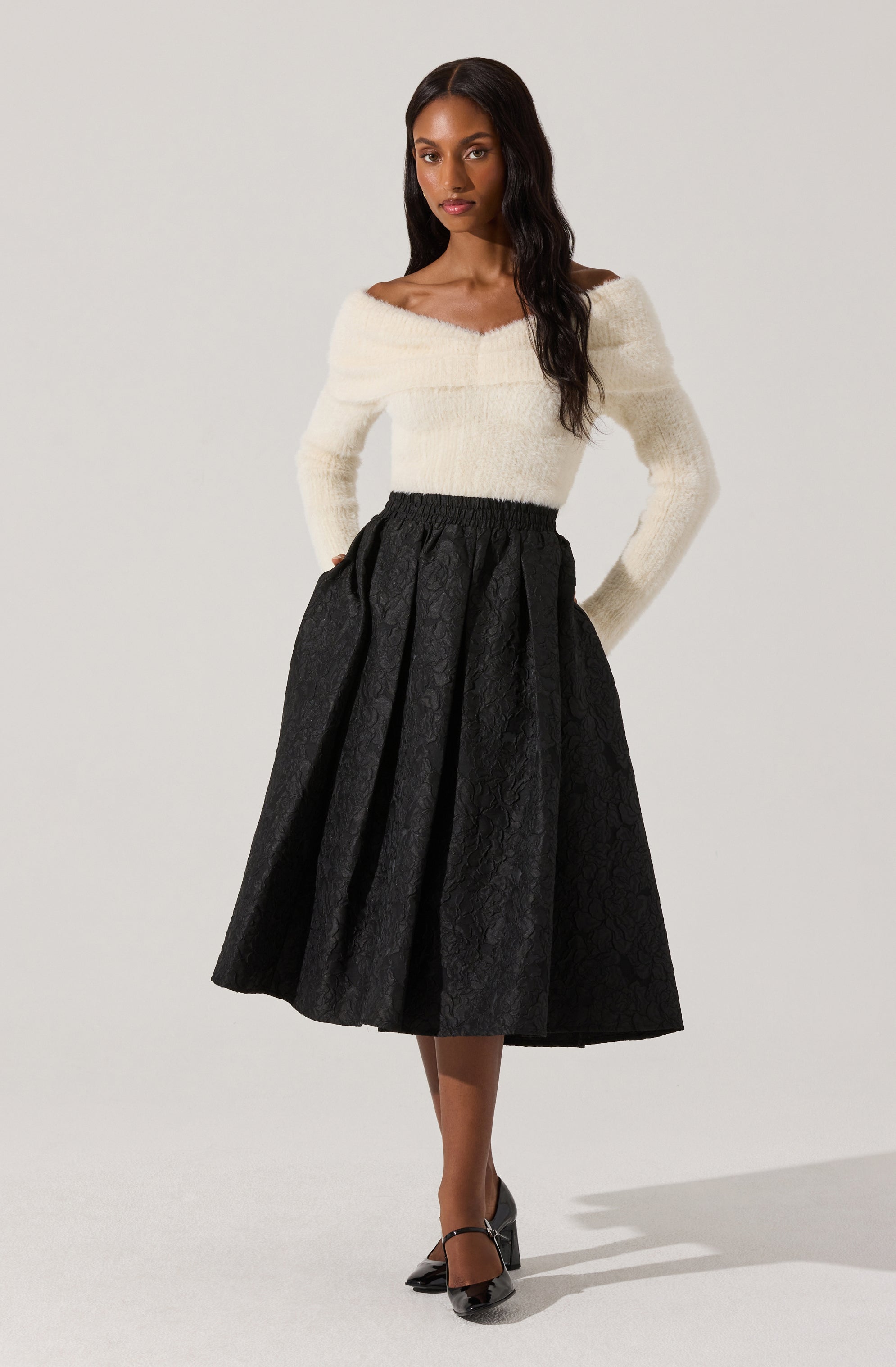 Fuzzy Knit Off Shoulder Sweater-Aljck