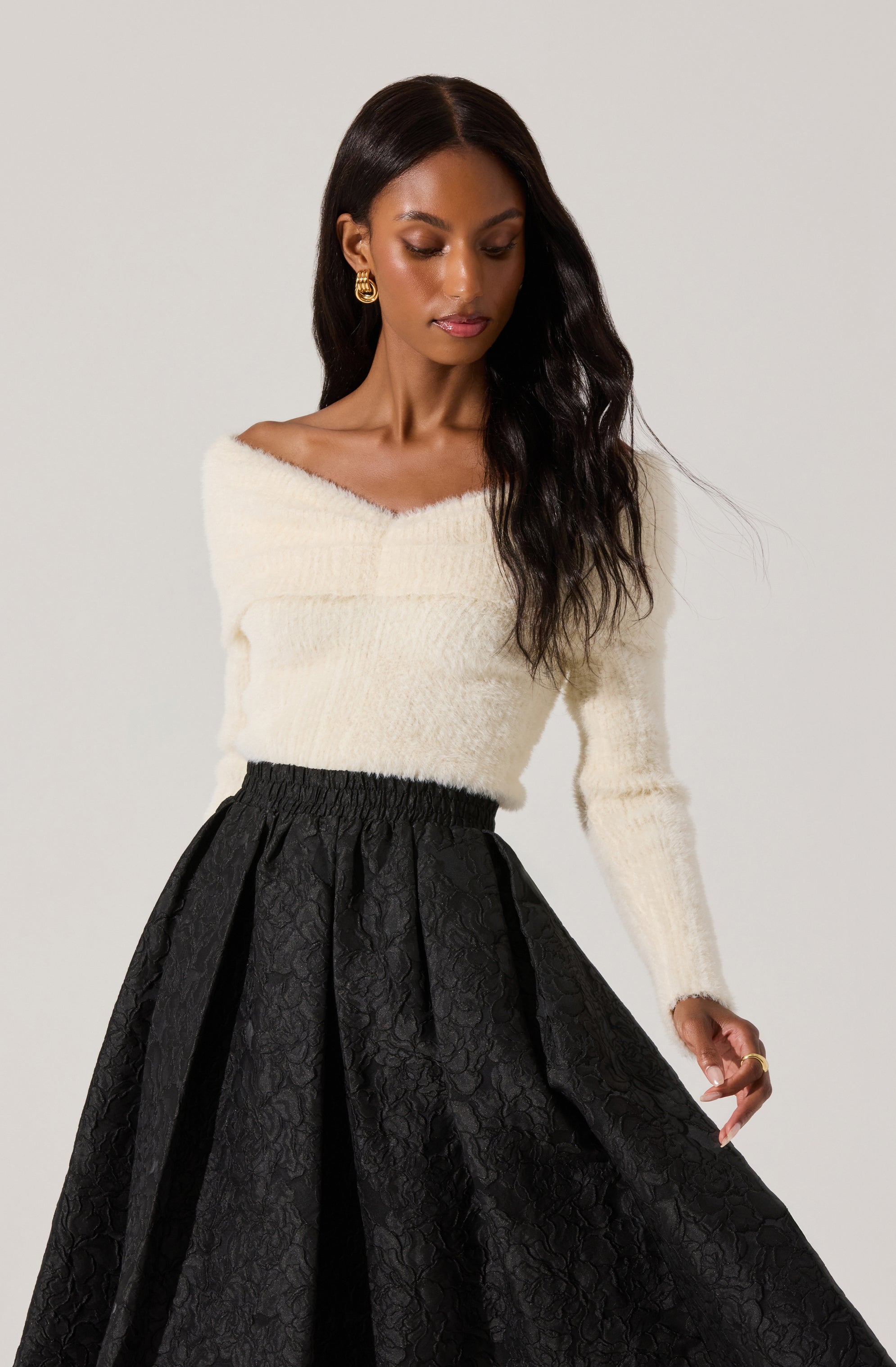 Fuzzy Knit Off Shoulder Sweater-Aljck