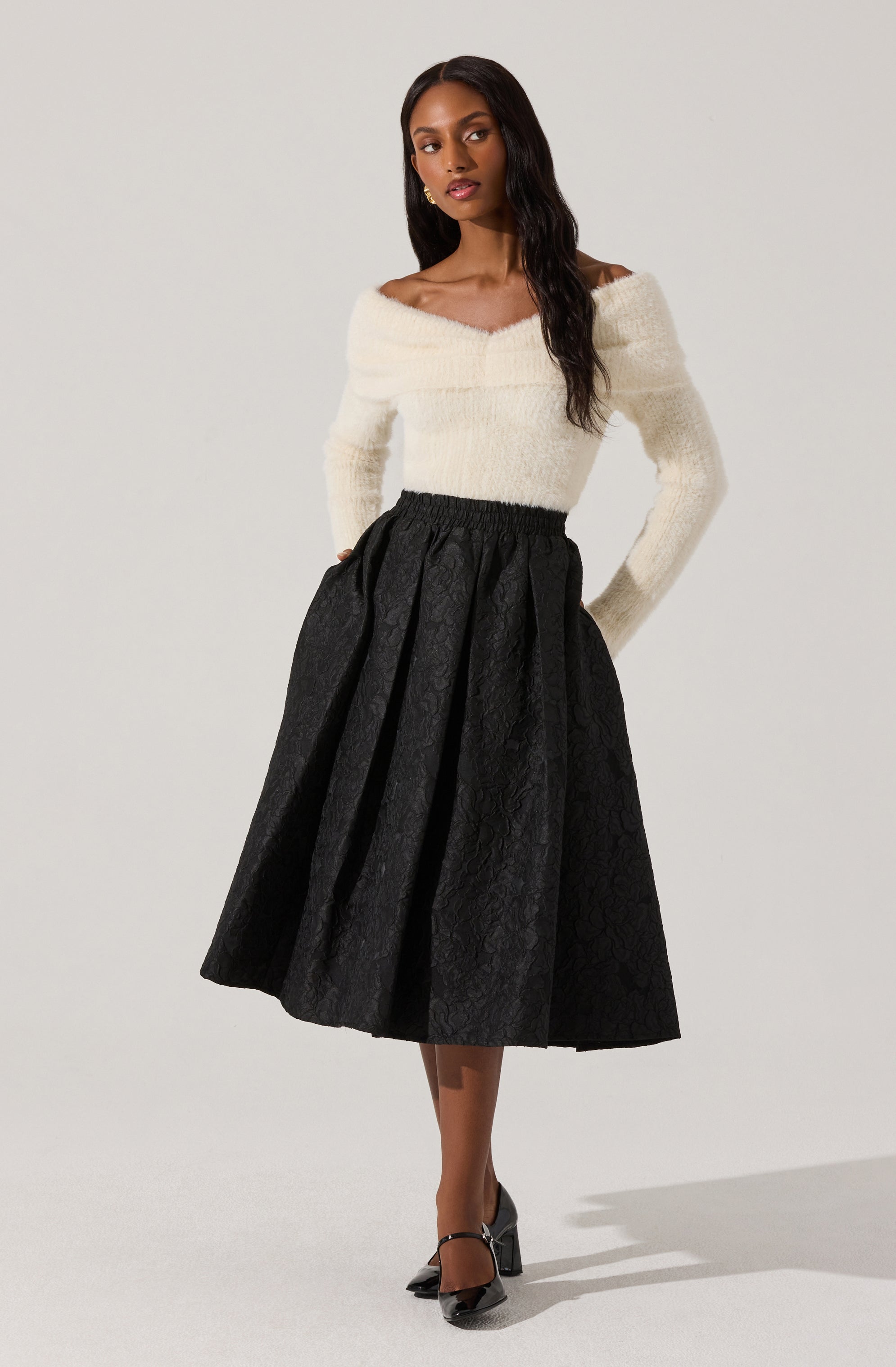 Fuzzy Knit Off Shoulder Sweater-Aljck