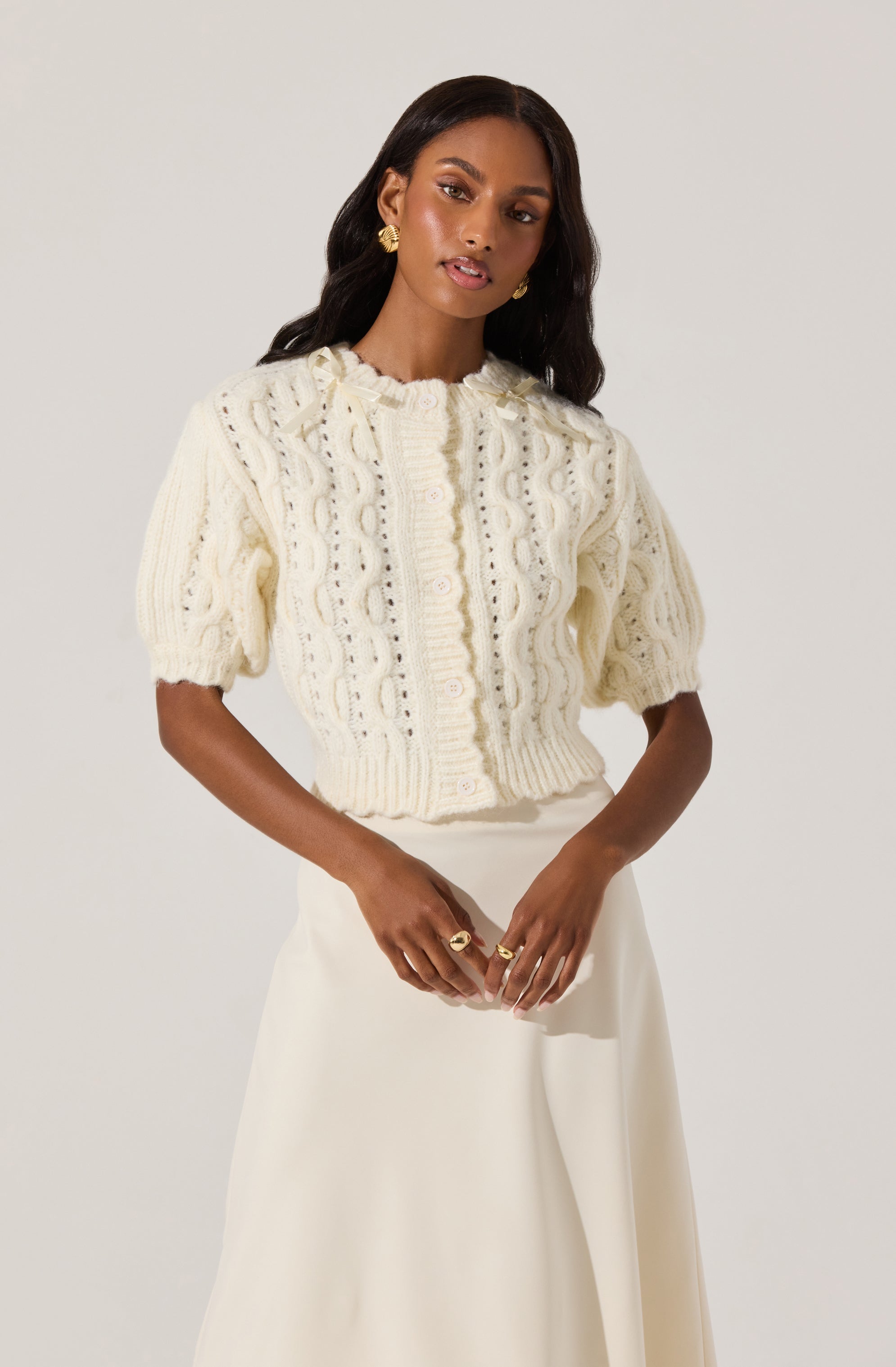 Cable knit cardigan with bows-Aljck