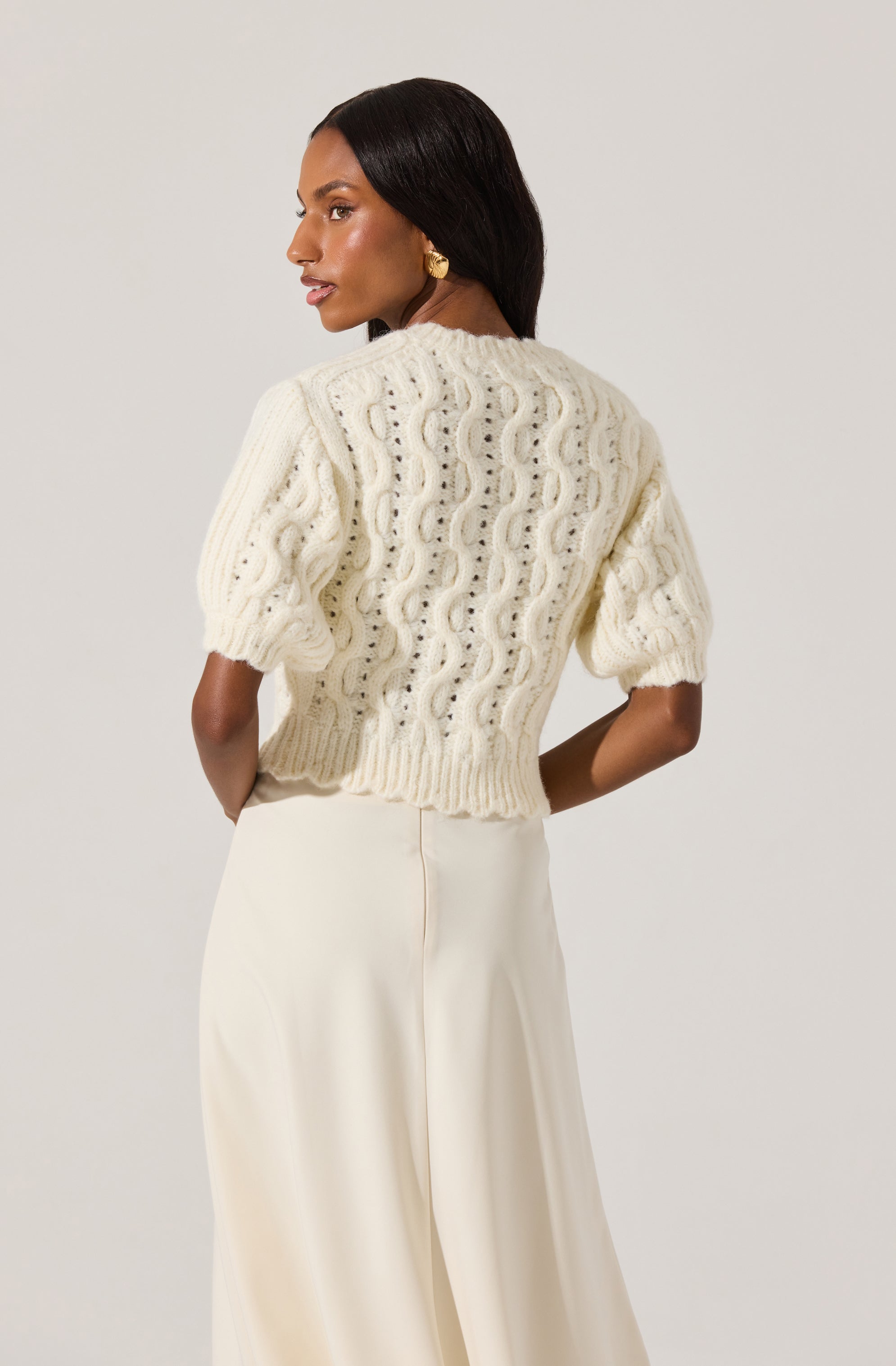 Cable knit cardigan with bows-Aljck