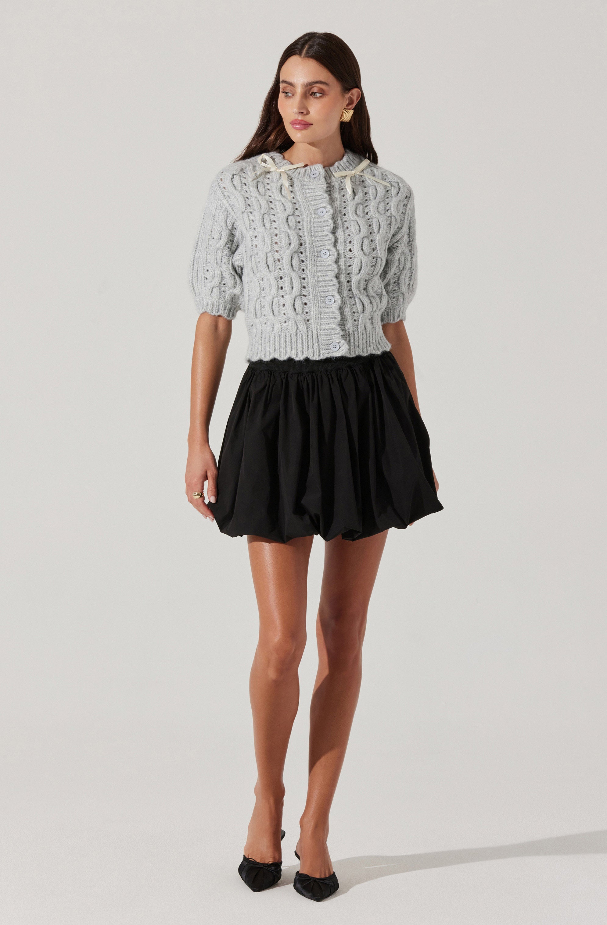 Cable knit cardigan with bows-Aljck