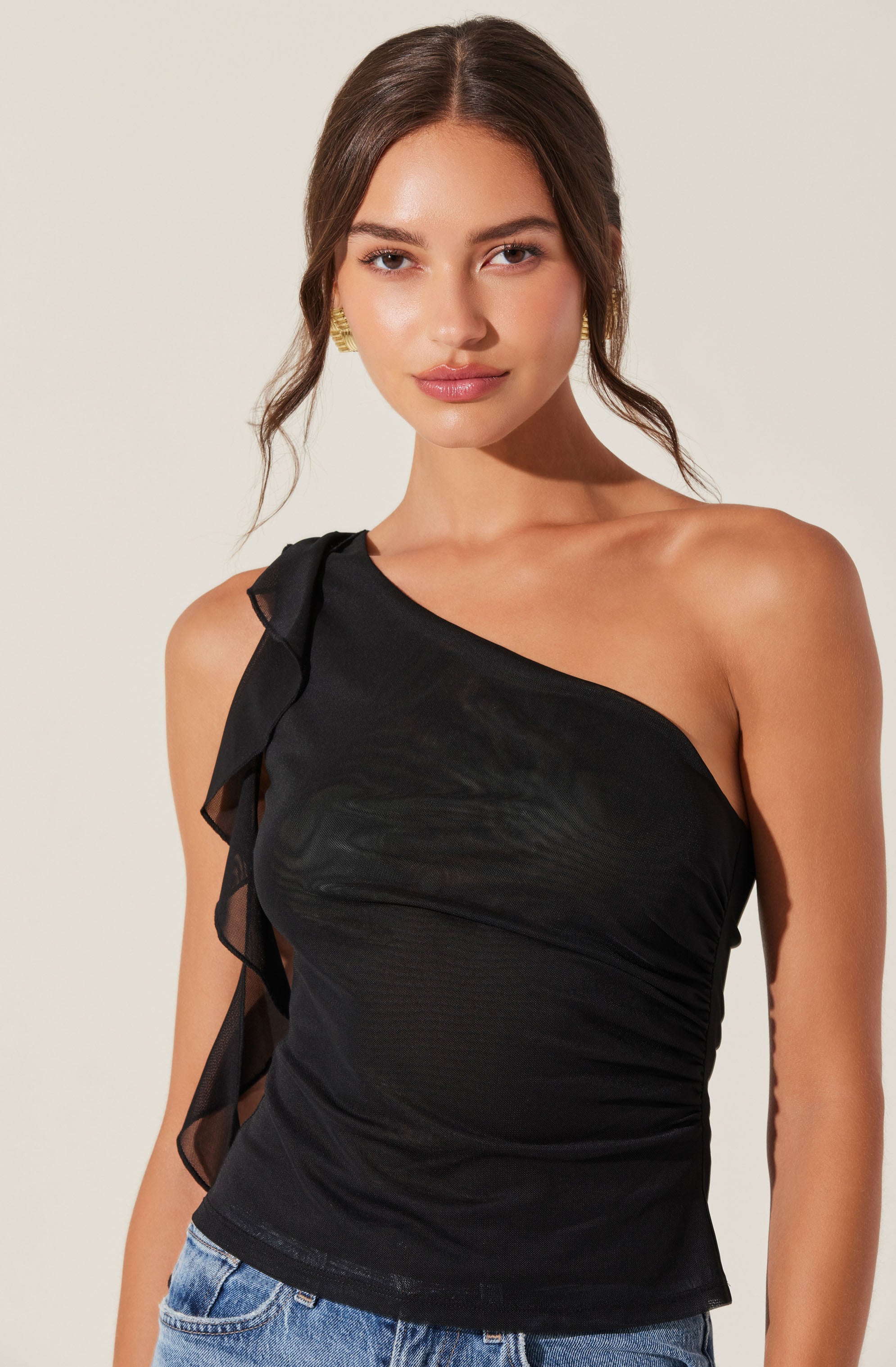 One Shoulder Ruffle Detail Top-Aljck