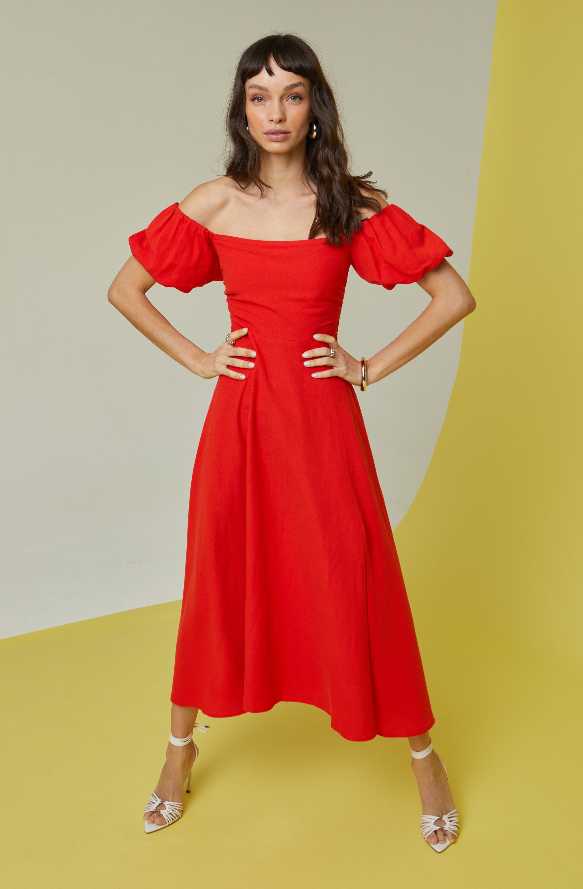 Off Shoulder Puff Sleeve Midi Dress-Aljck