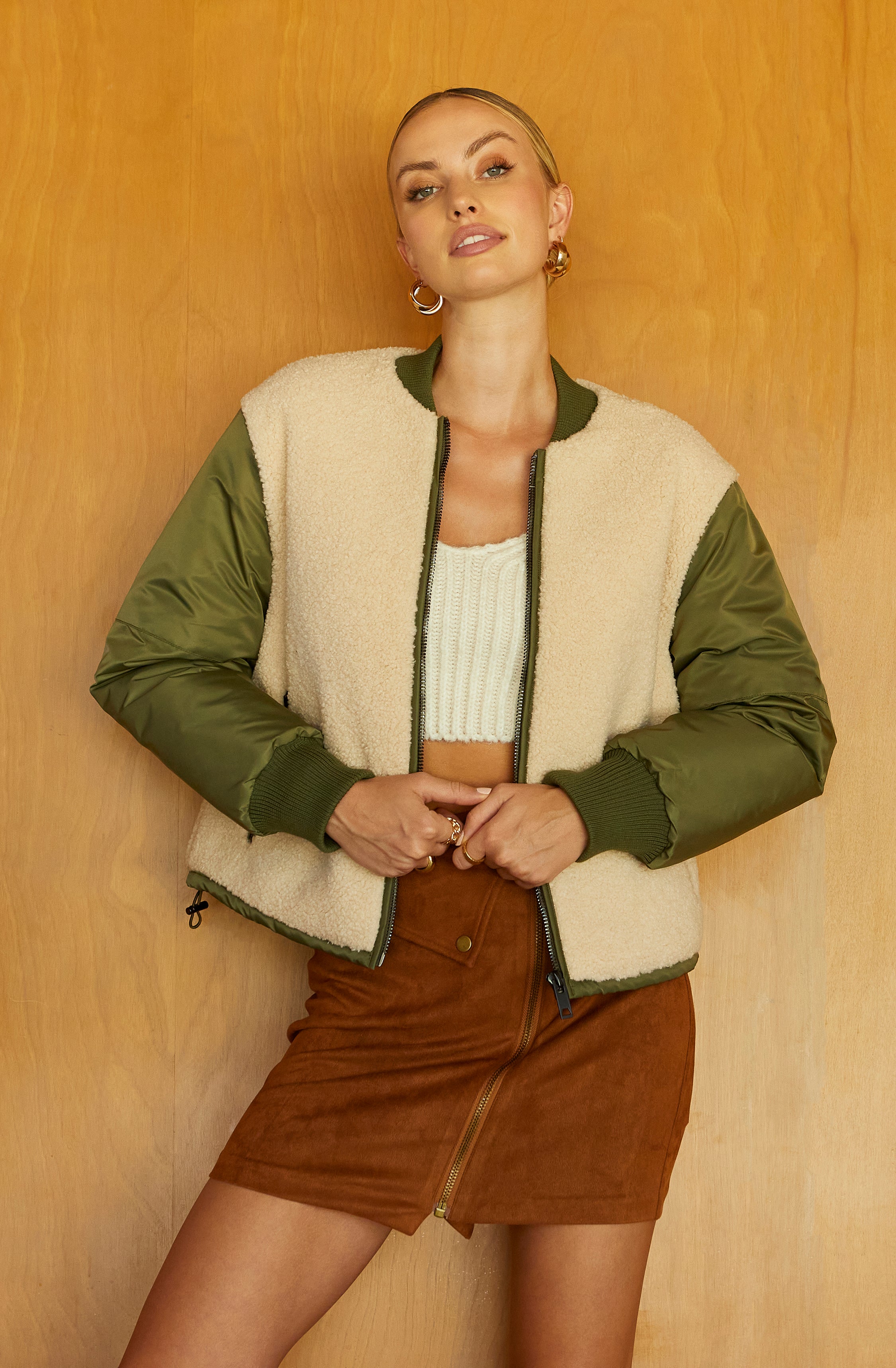 Tegan Faux Shearling Contrast Puffer Jacket-Aljck