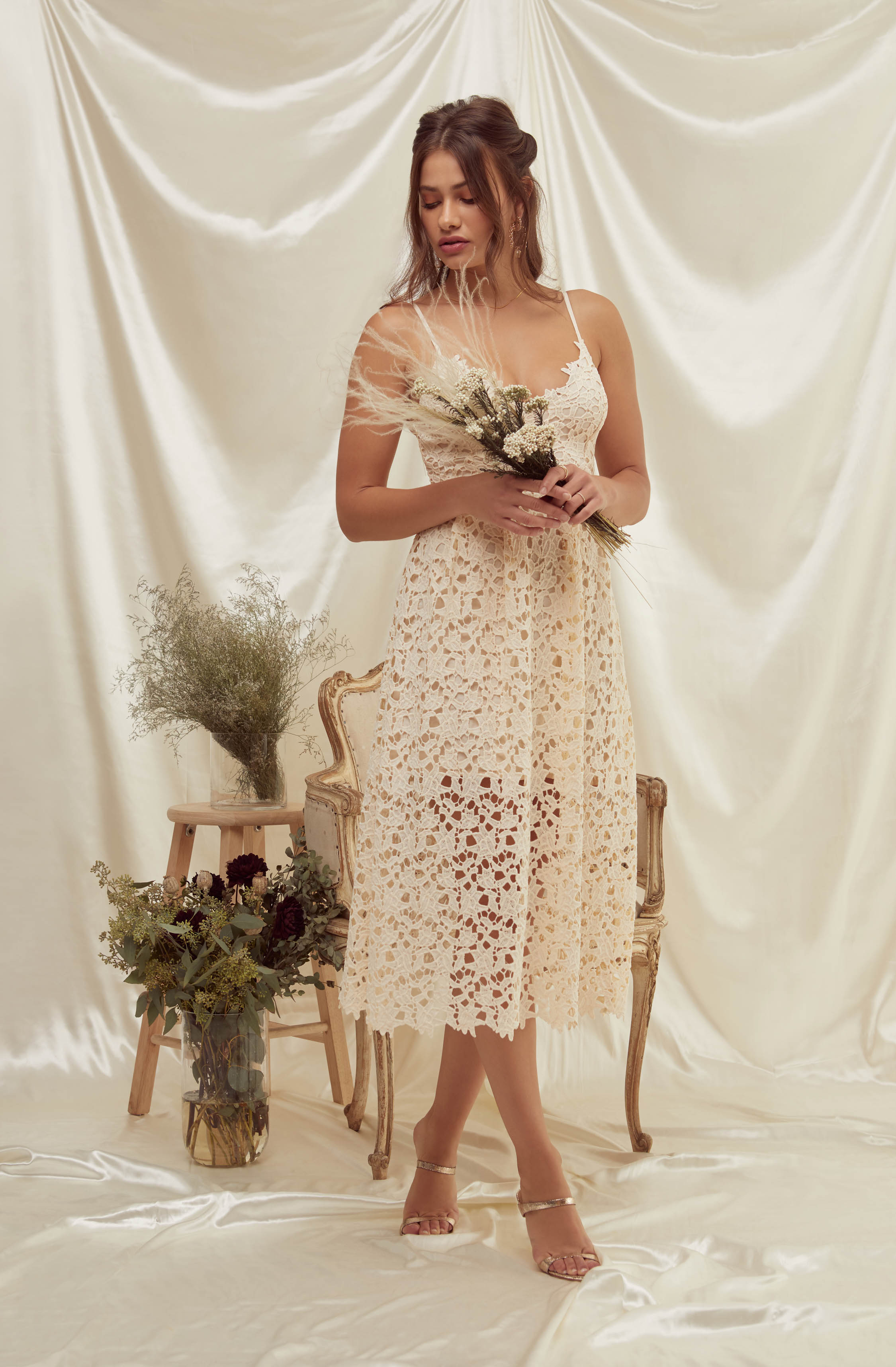 Lace A Line Midi Dress-Aljck