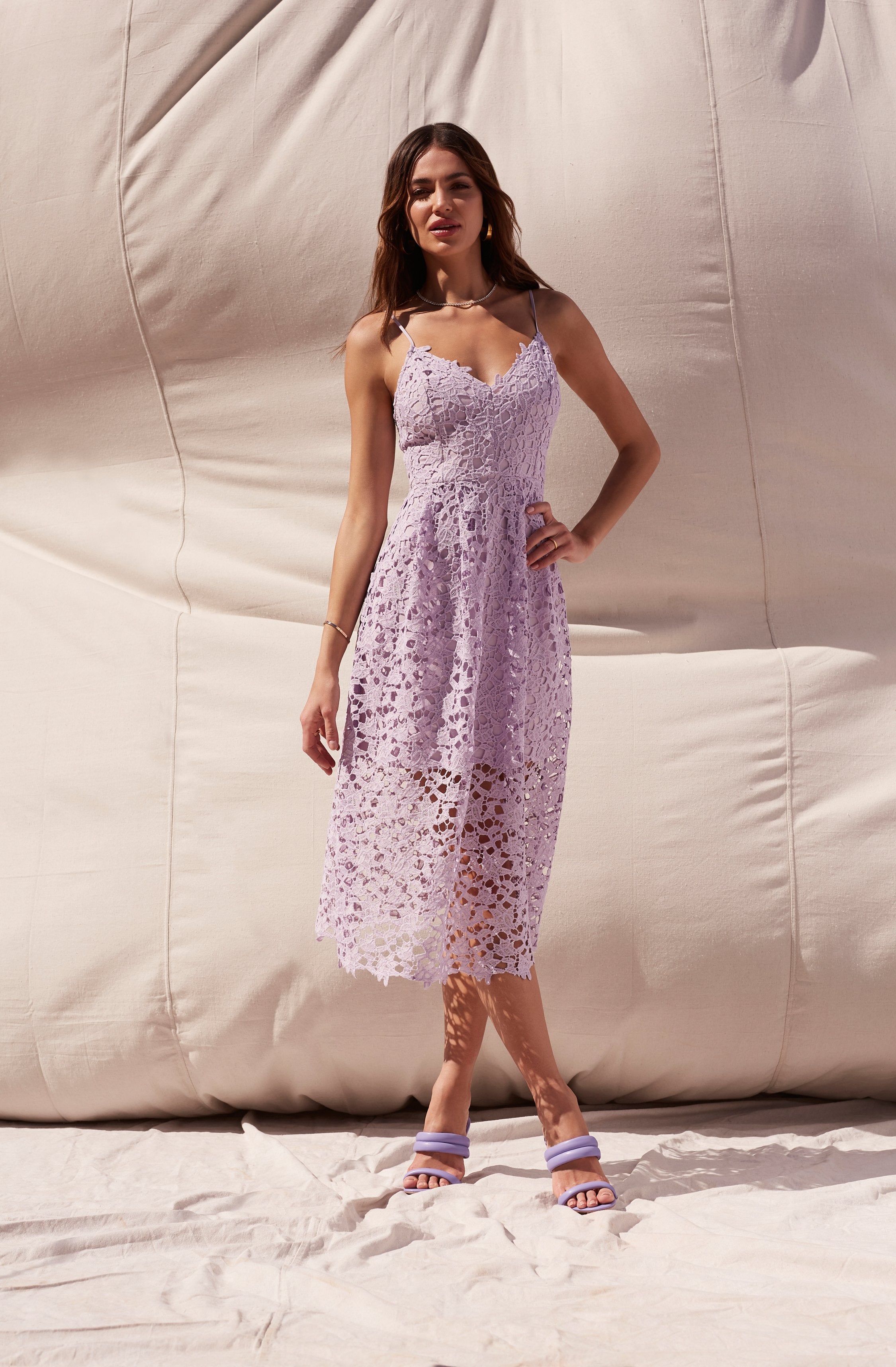 Lace A Line Midi Dress-Aljck