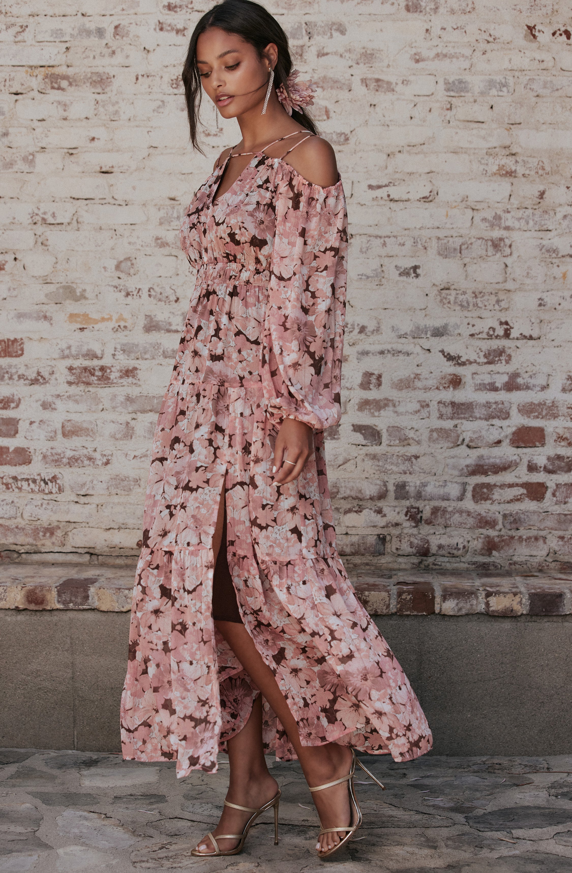 Ciri Floral Cold Shoulder Midi Dress-Aljck