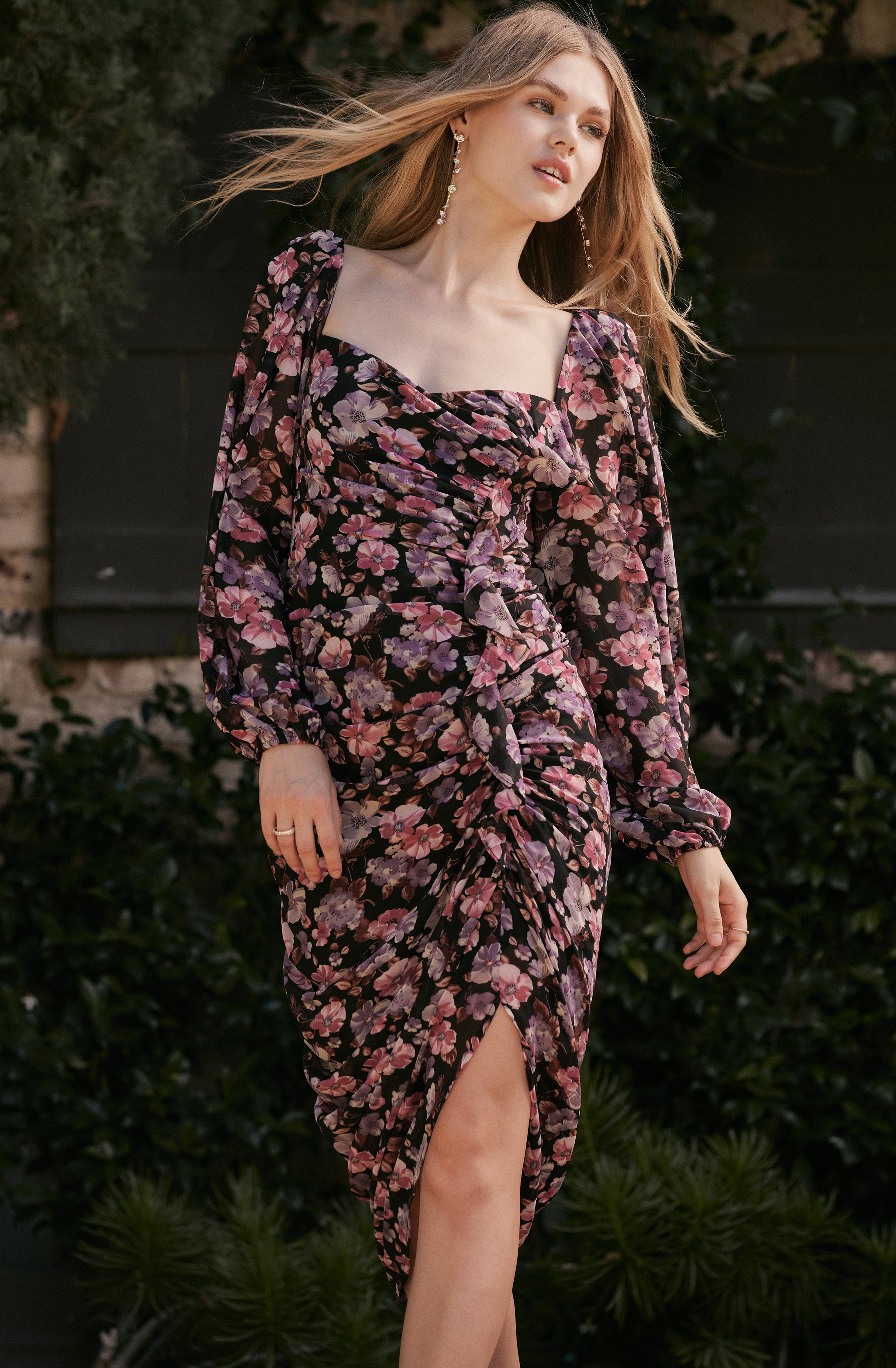 Athens Floral Ruched Midi Dress-Aljck