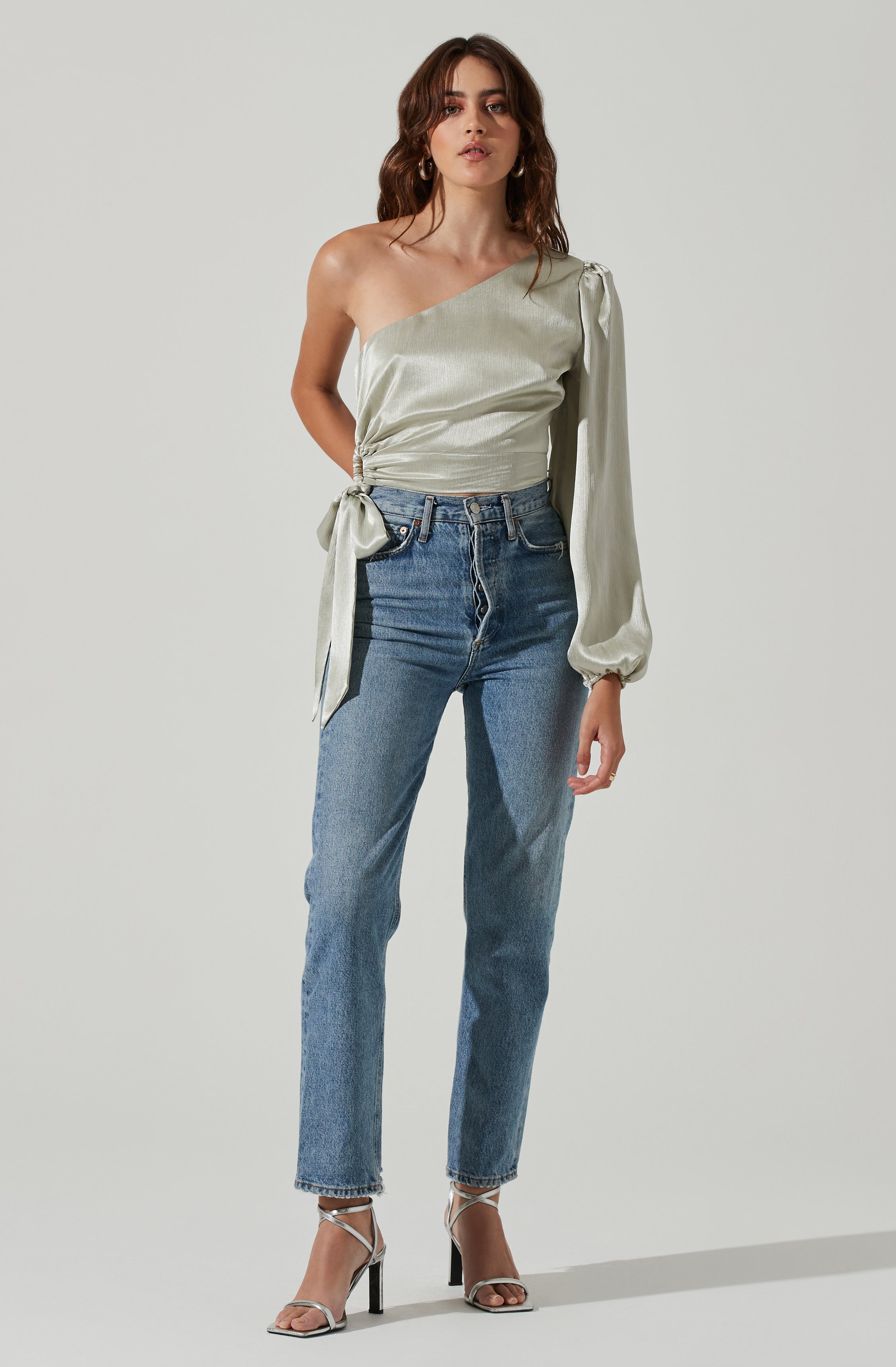 One Shoulder Side Tie Long Sleeve Top-Aljck