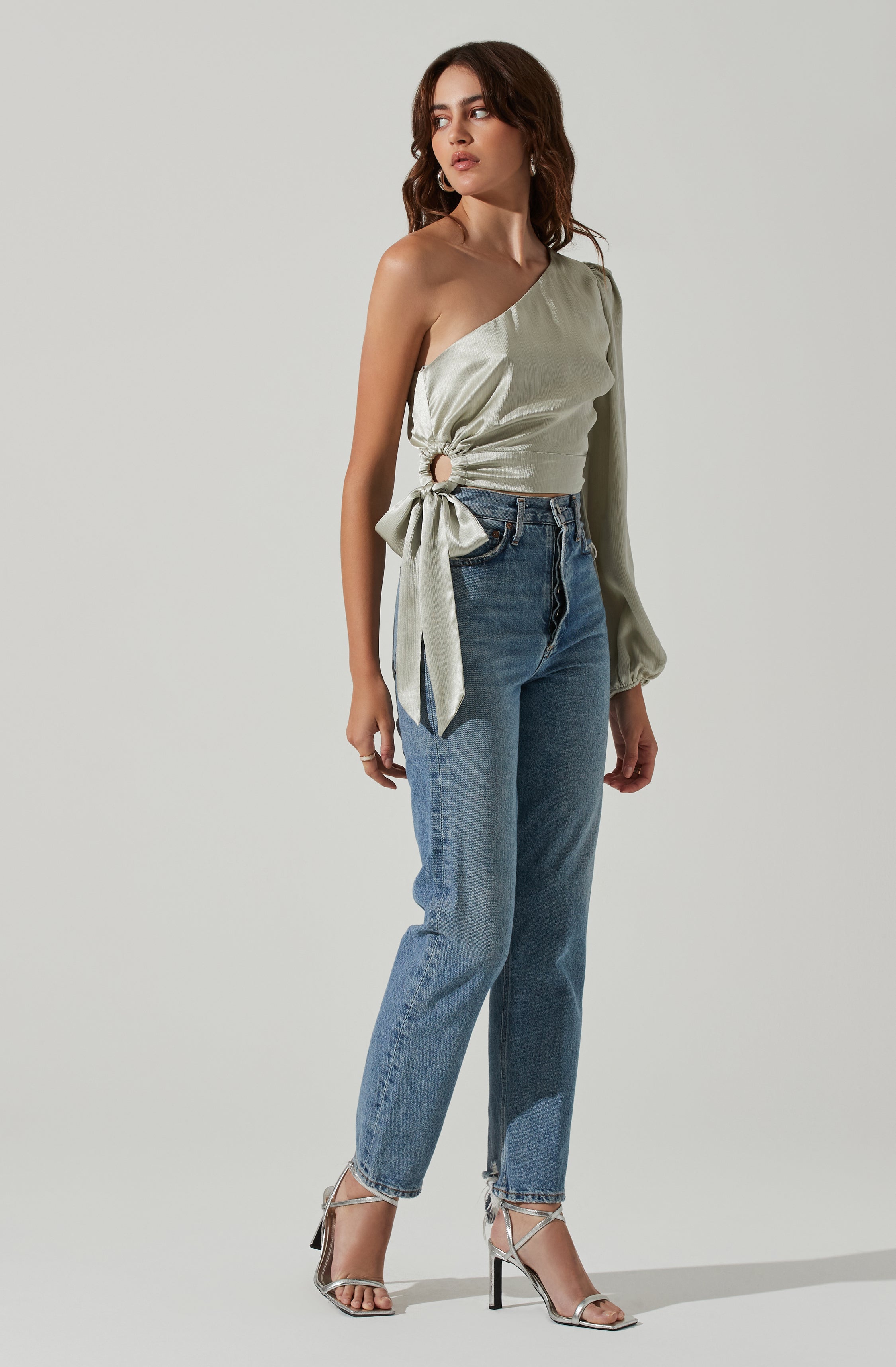 One Shoulder Side Tie Long Sleeve Top-Aljck