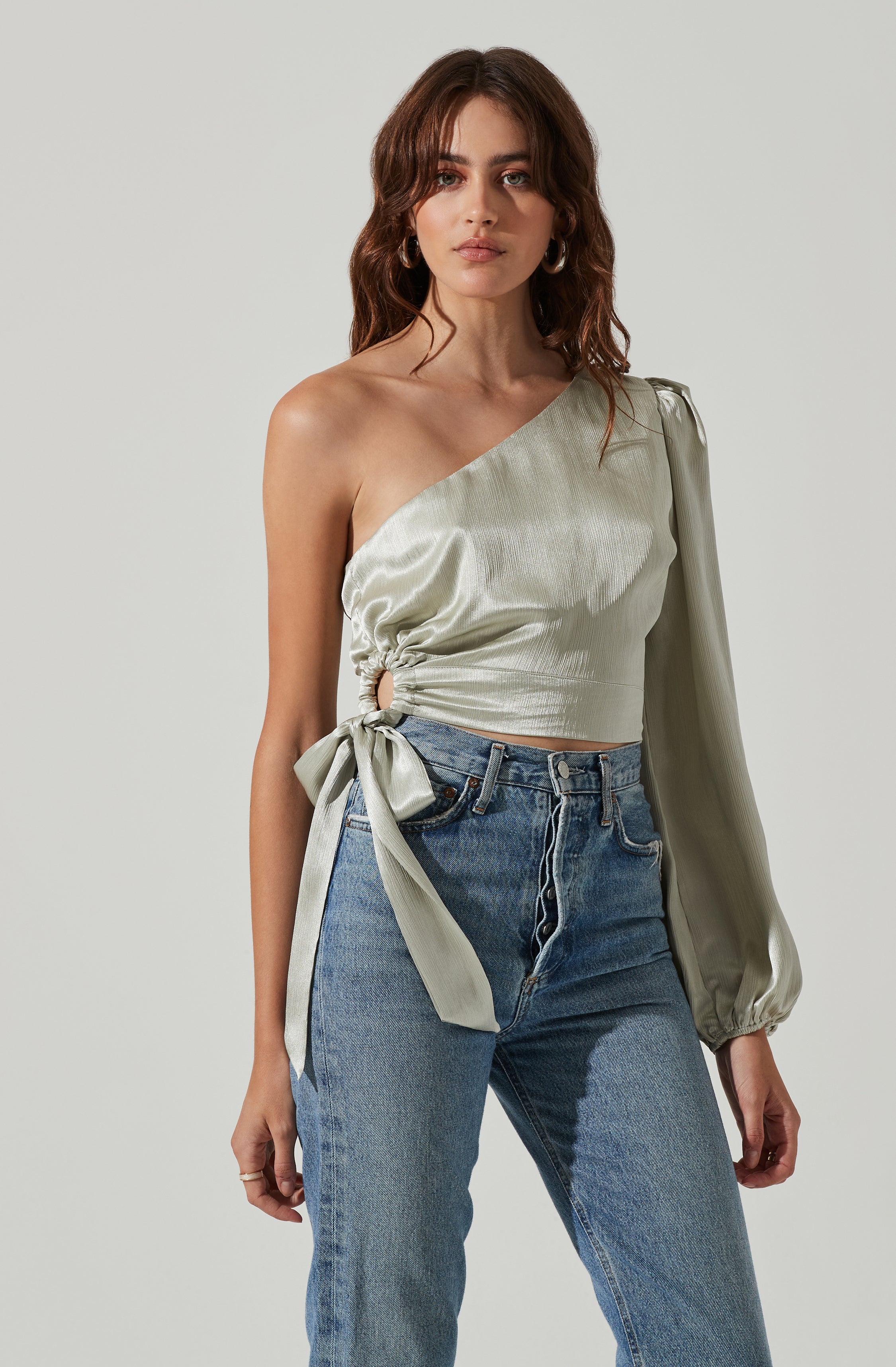 One Shoulder Side Tie Long Sleeve Top-Aljck