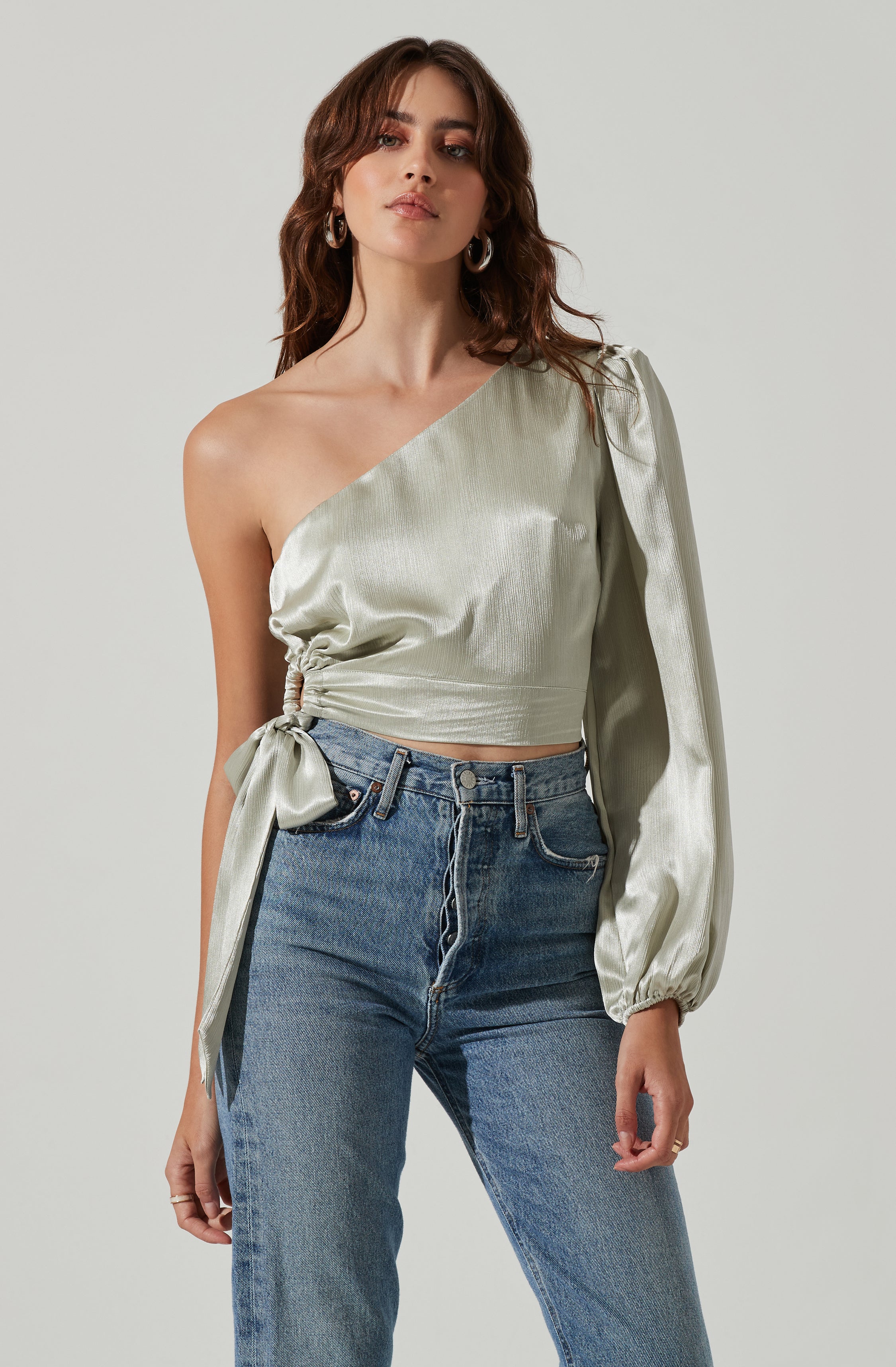 One Shoulder Side Tie Long Sleeve Top-Aljck