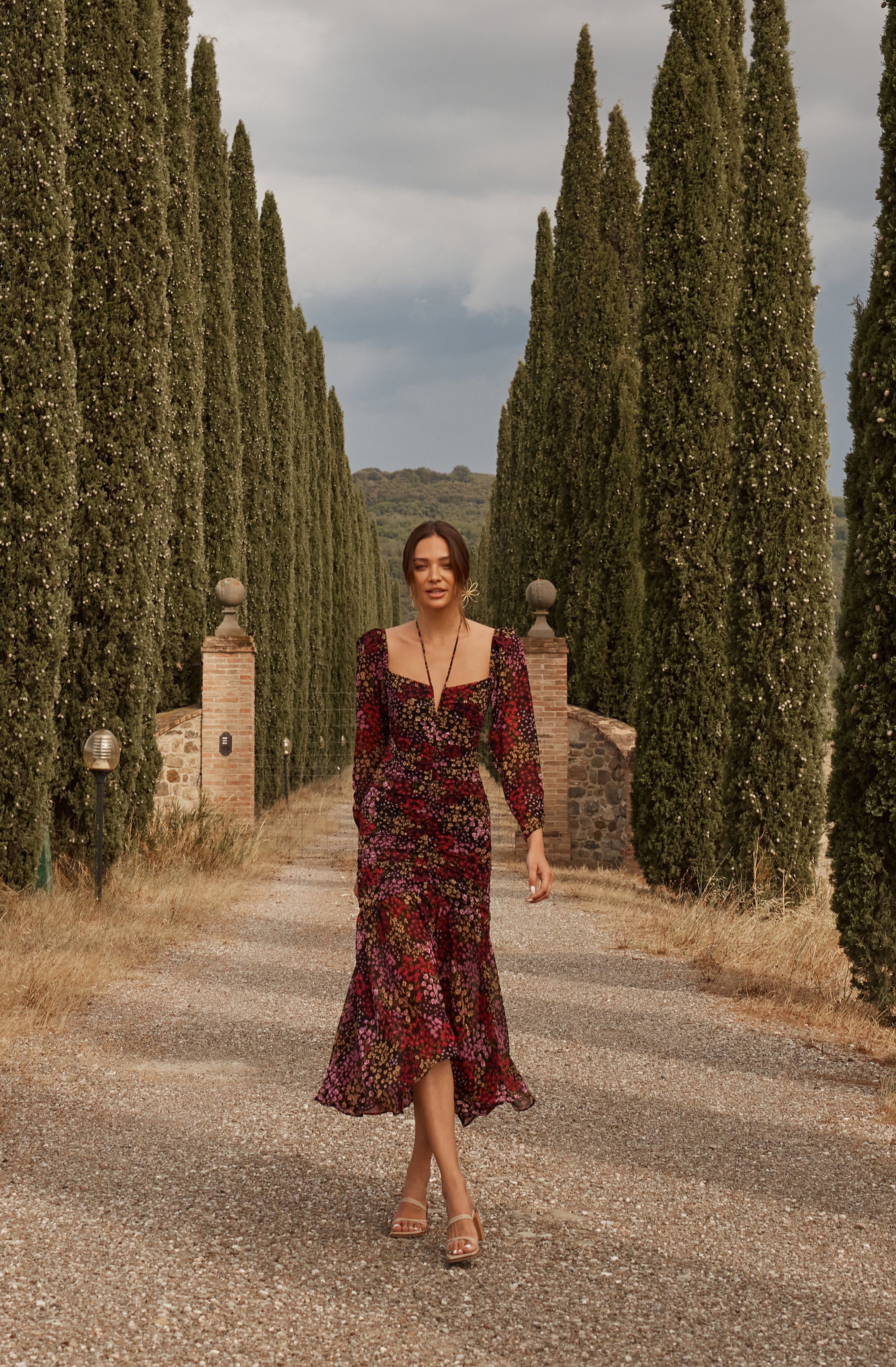 Athena Floral Ruched Long Sleeve Midi Dress-Aljck