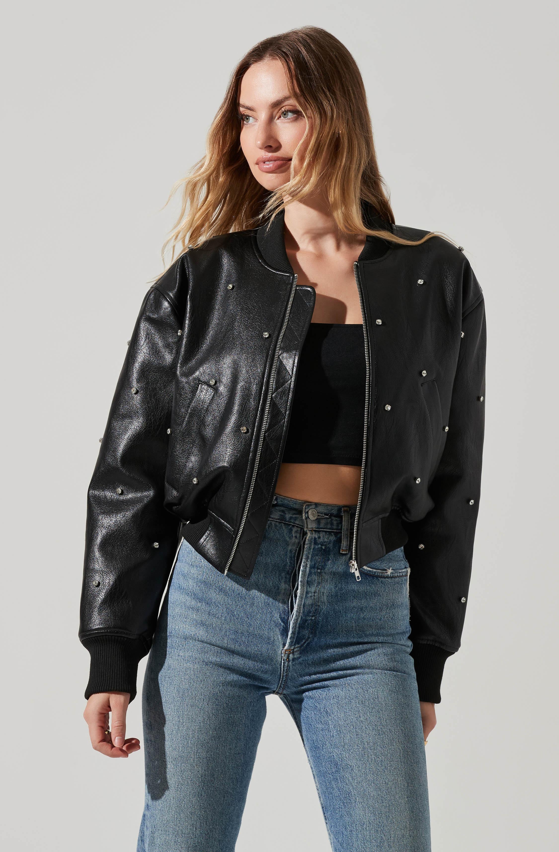 Avianna Embellished Faux Leather Jacket-Aljck