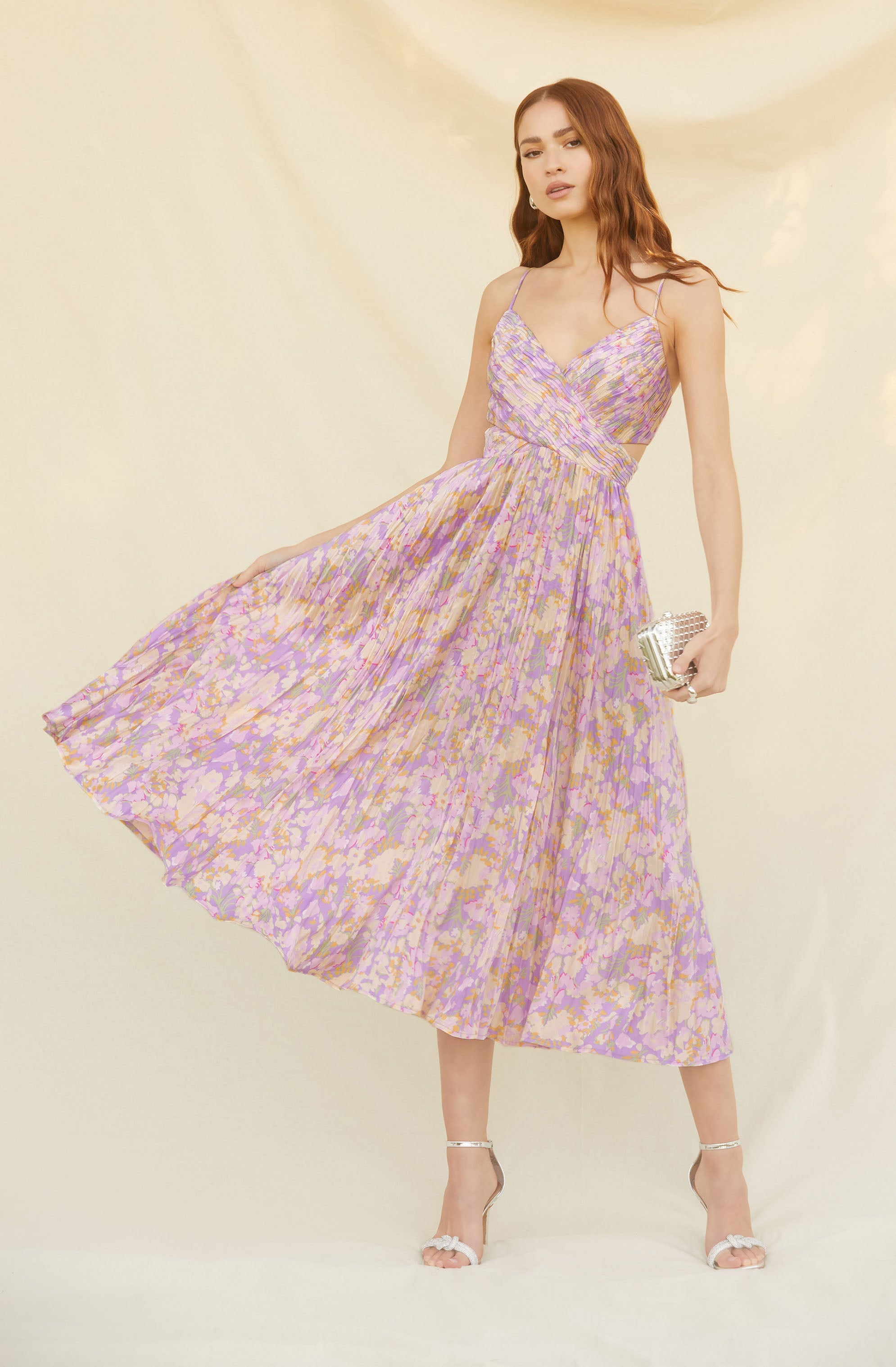 Pleated Twist Bust Midi Dress-Aljck