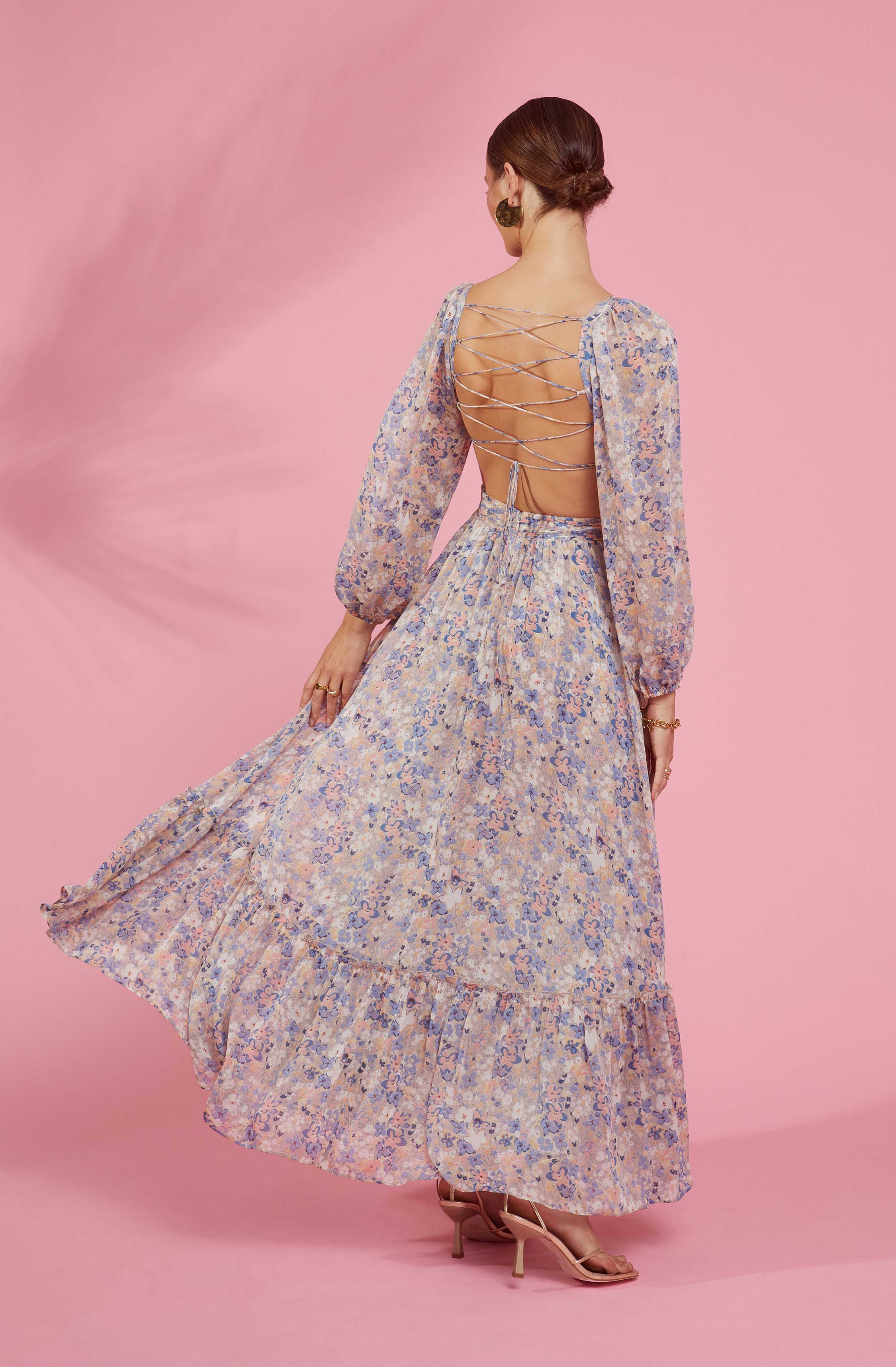 Kammy Floral Open Back Strappy Long Sleeve Maxi Dress-Aljck