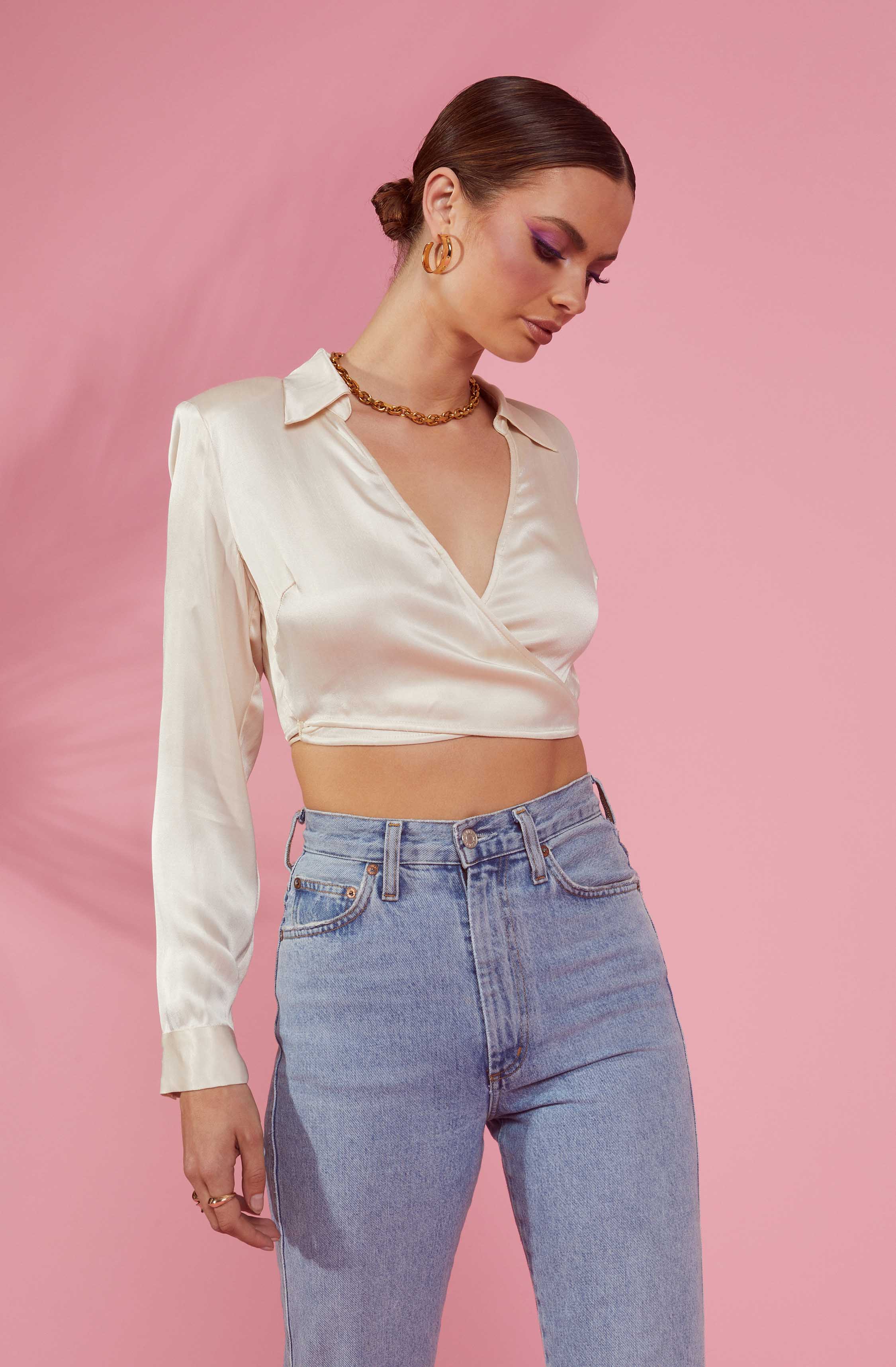 Delphi Satin Pointed Collar Wrapped Tie Waist Top-Aljck