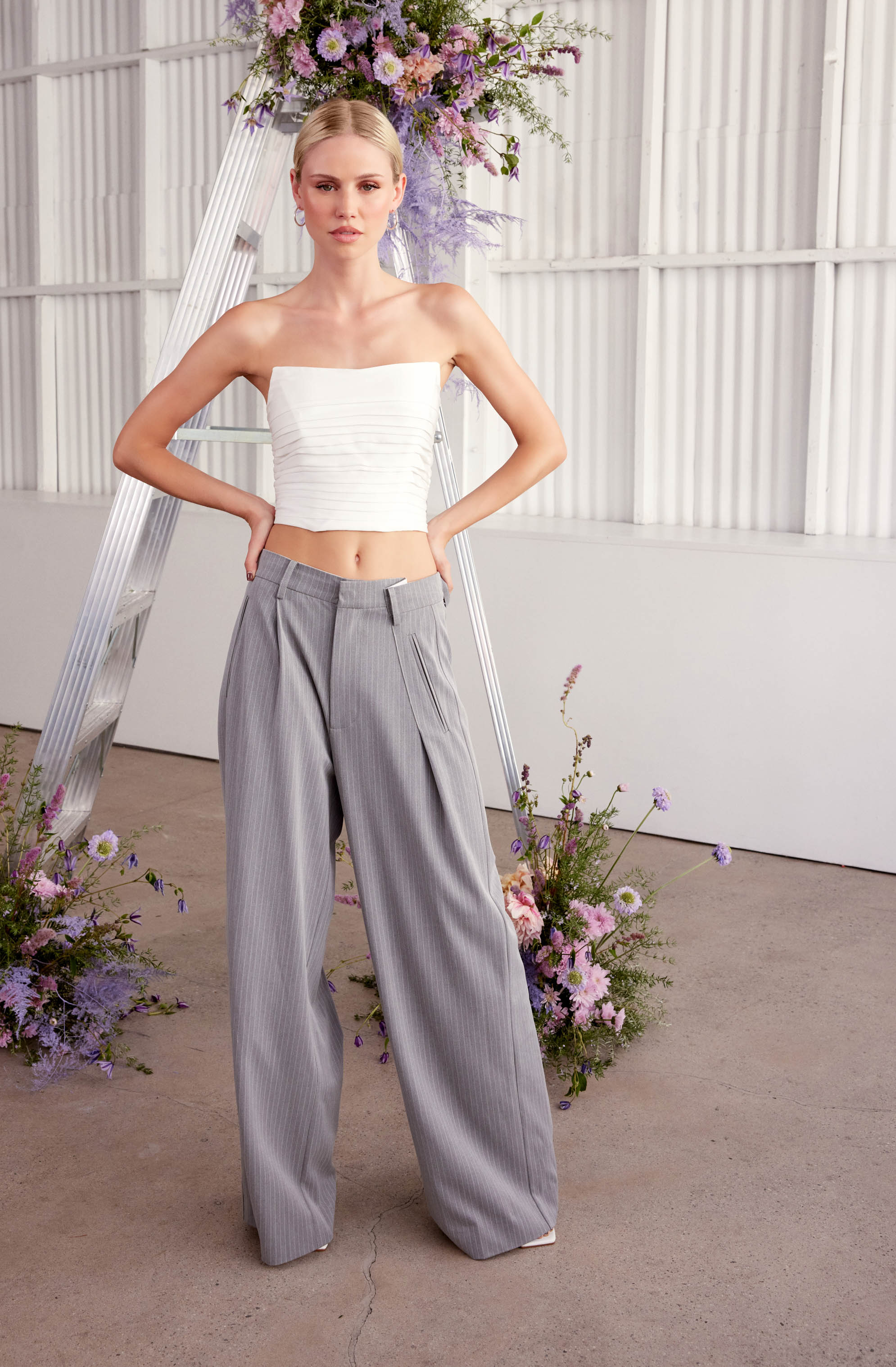 Dawson Pinstripe Asymmetric Wide Leg Pants-Aljck