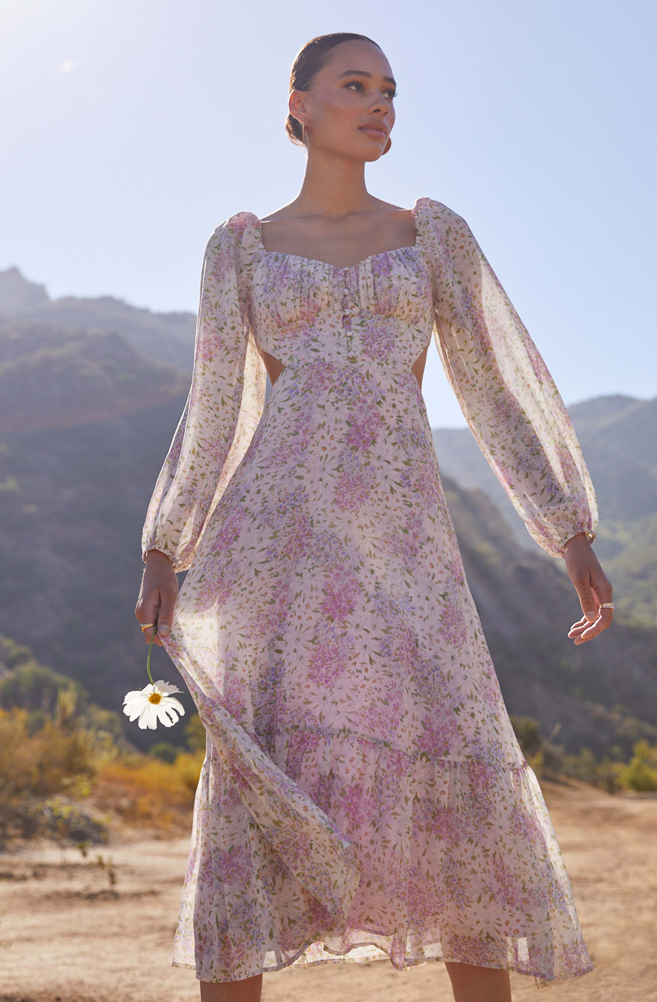 Shayla Floral Cutout Long Sleeve Midi Dress-Aljck