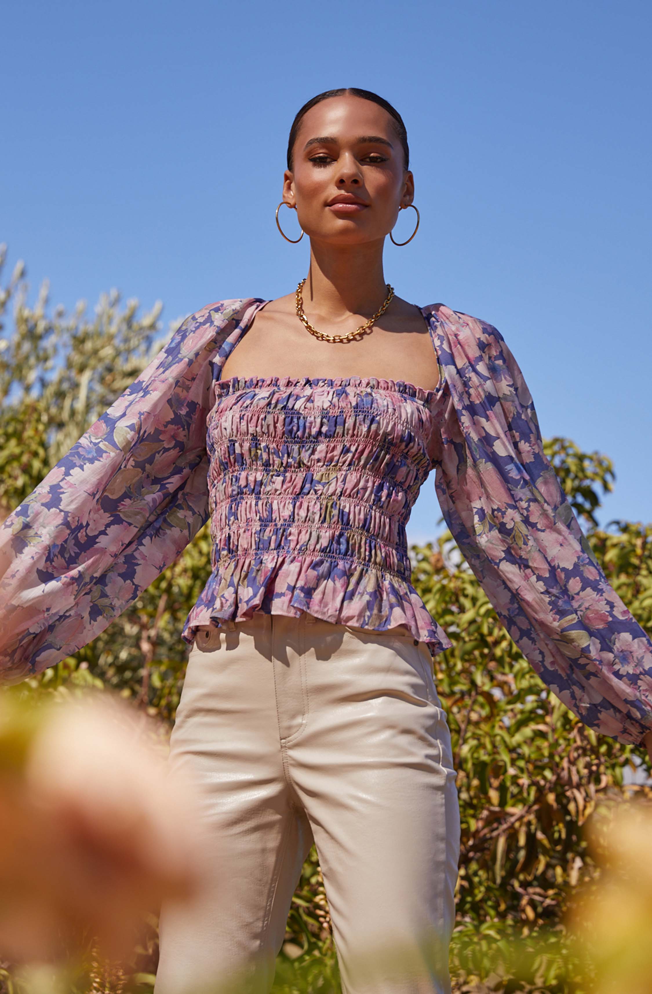 Nicollete Square Neck Smocked Long Sleeve Top-Aljck