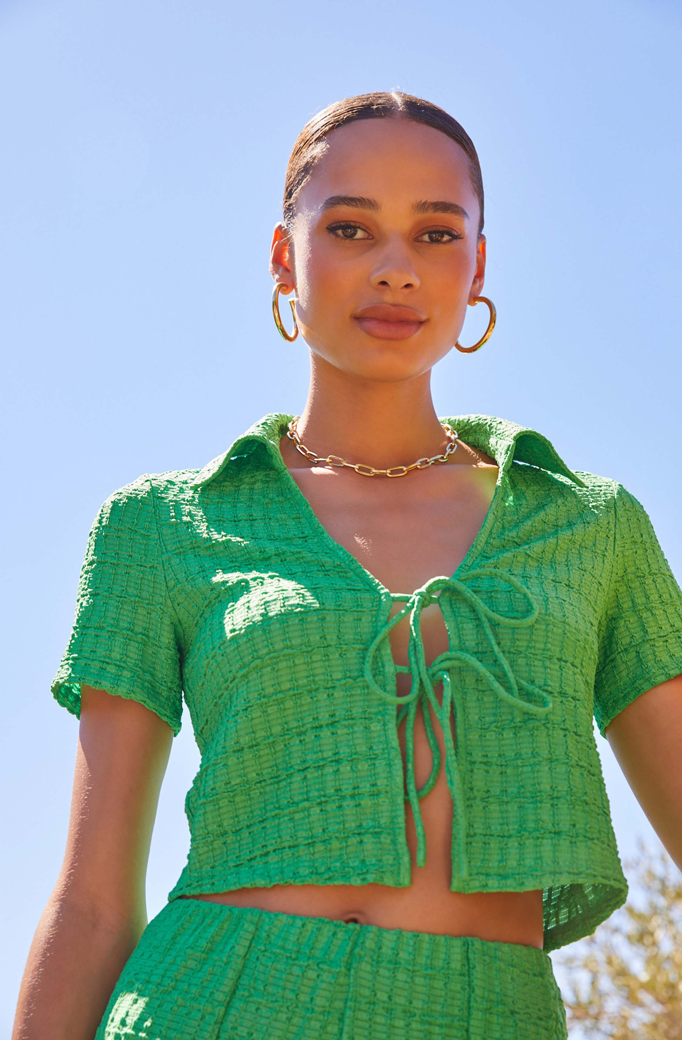 Zoey Collared Tie Front Top-Aljck