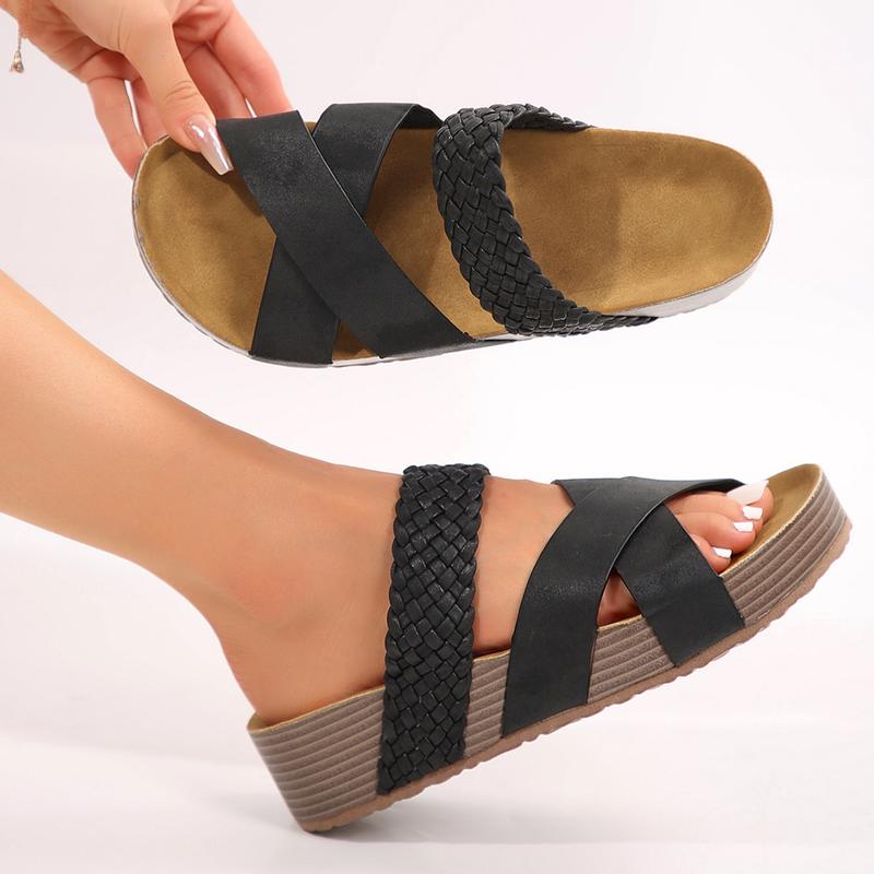 Women Sandals Beach Sandals Slip-On Rubber Sole Thick Bottom Braided Cross Casual Solid Color Slippers