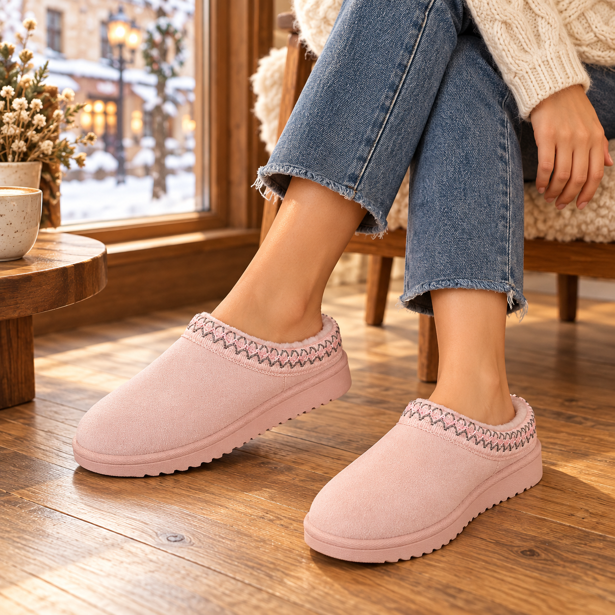 Women's Slipper Slip On For Women Suede Leather Indoor/Outdoor Comfy Fleece Lined Short Mini Snow Boot Slippers House Shoes Breathable Nonslip