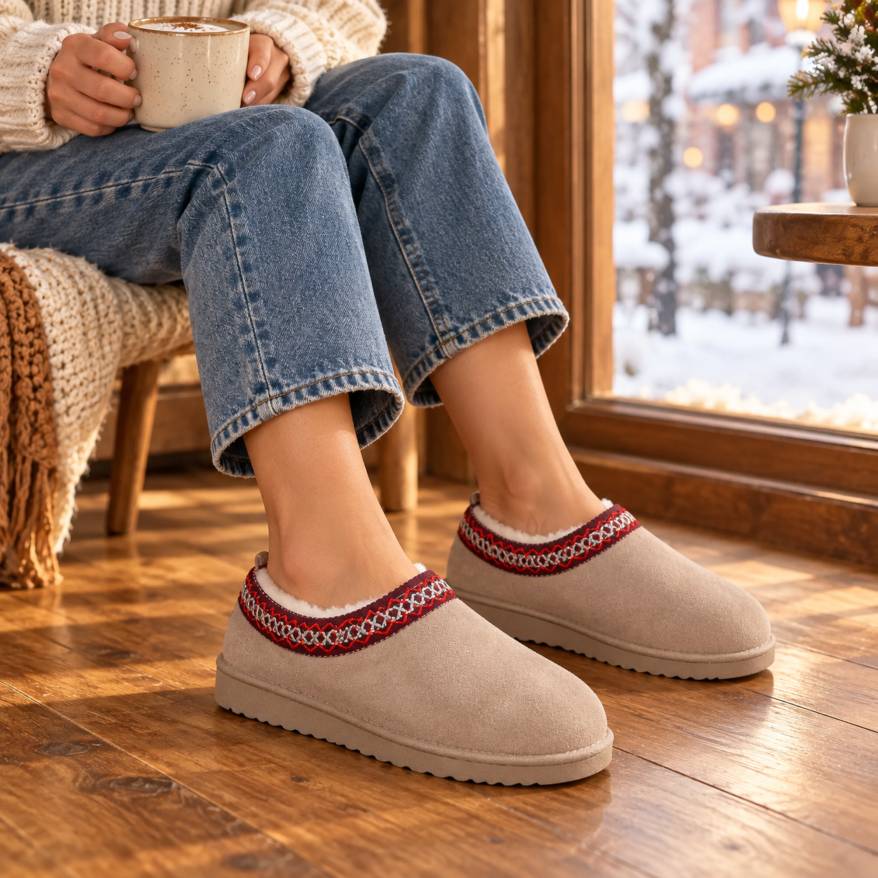 Women's Slipper Slip On For Women Suede Leather Indoor/Outdoor Comfy Fleece Lined Short Mini Snow Boot Slippers House Shoes Breathable Nonslip
