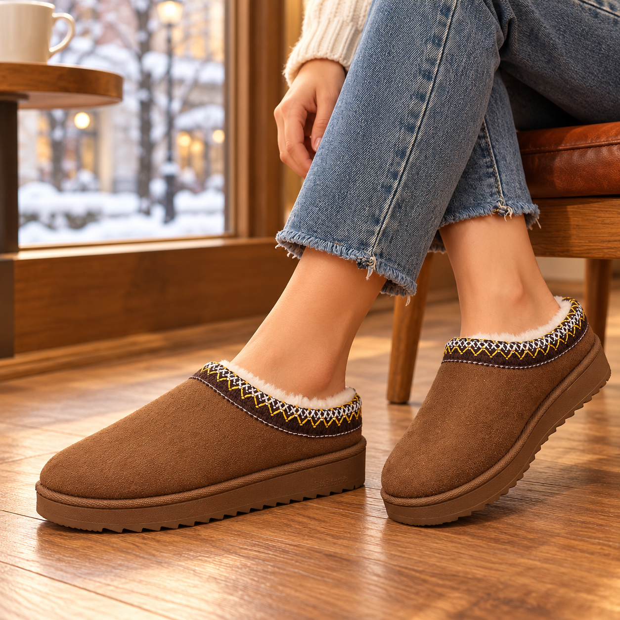 Women's Slipper Slip On For Women Suede Leather Indoor/Outdoor Comfy Fleece Lined Short Mini Snow Boot Slippers House Shoes Breathable Nonslip