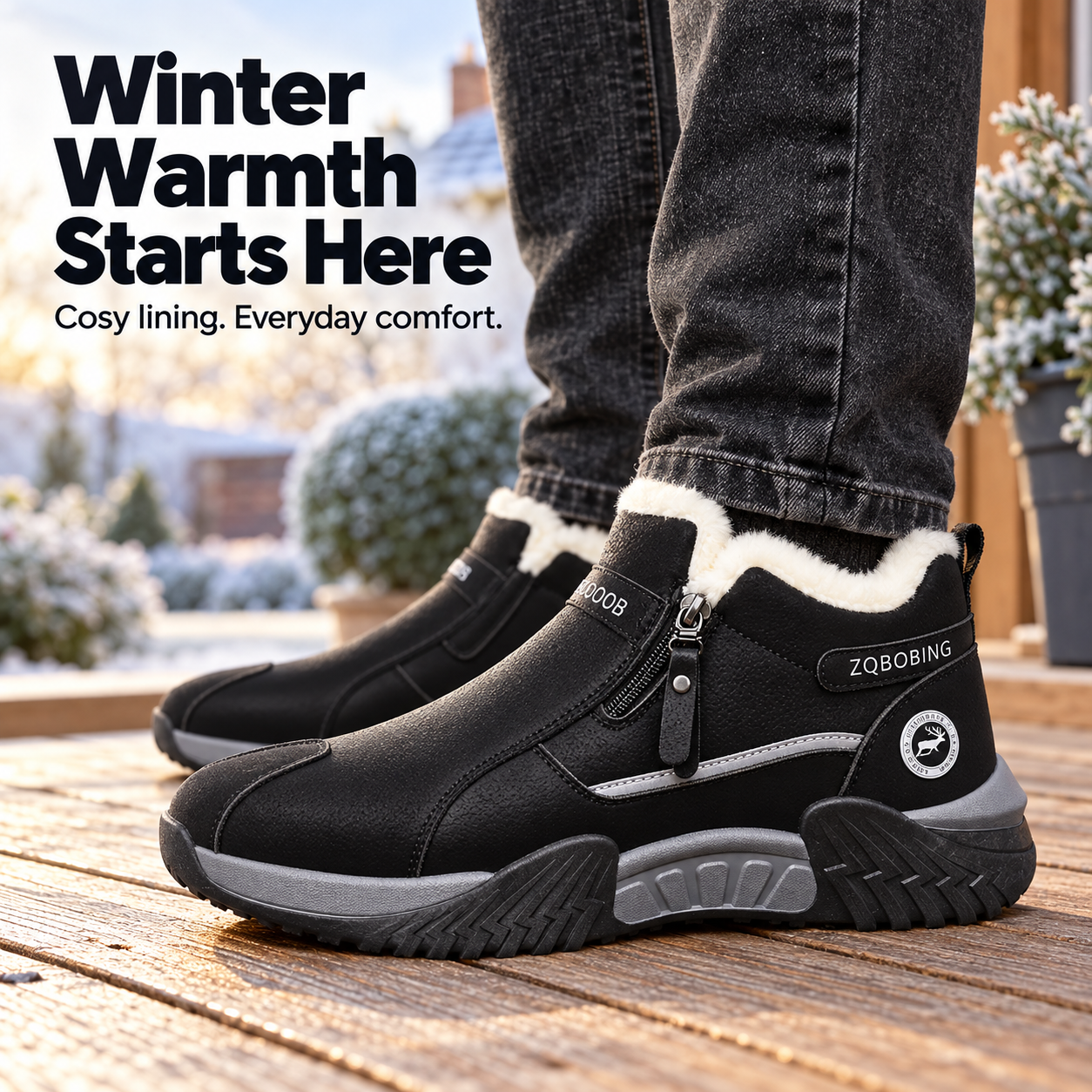 Unisex Winter Snow Casual Ankle Boots, Suede-Look Upper, Side Zip, Fleece-Lined Warm, Thick PVC Sole