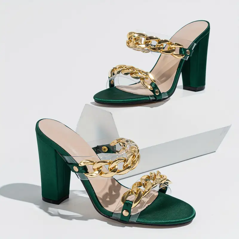 🔥Last Day 49% OFF -Women's Chain Decor Block High Heels - Fashion Open Toe Slip On Sandals