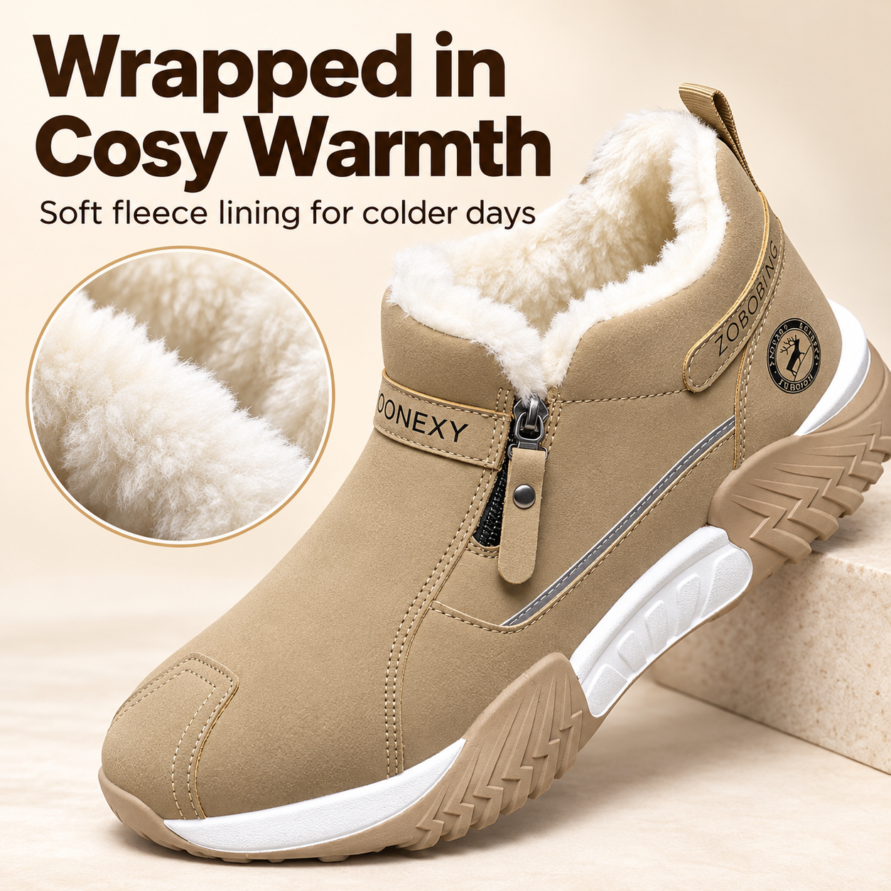 Unisex Winter Snow Casual Ankle Boots, Suede-Look Upper, Side Zip, Fleece-Lined Warm, Thick PVC Sole
