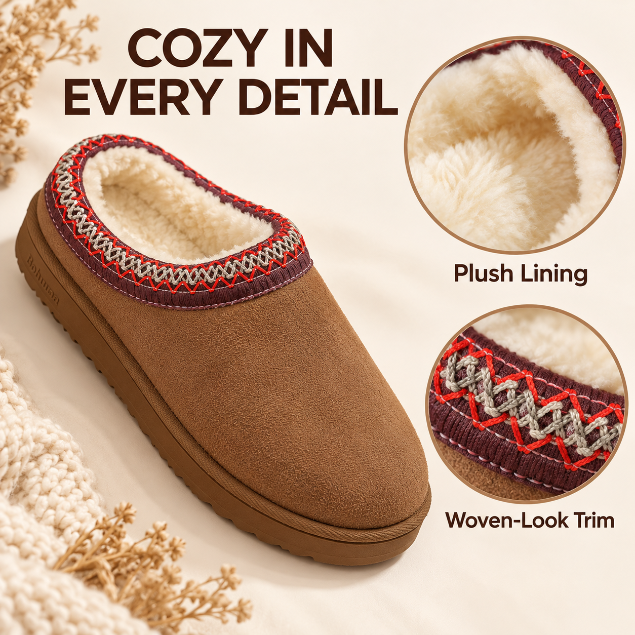 Women's Slipper Slip On For Women Suede Leather Indoor/Outdoor Comfy Fleece Lined Short Mini Snow Boot Slippers House Shoes Breathable Nonslip