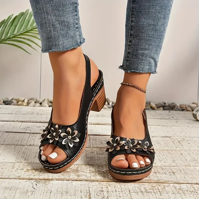 Ladies' thick-soled wedge heel sandals - PU fabric with open design and buckle closure, white casual business shoes