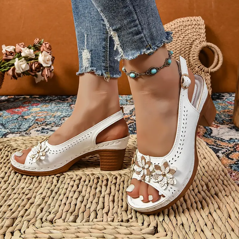 Ladies' thick-soled wedge heel sandals - PU fabric with open design and buckle closure, white casual business shoes